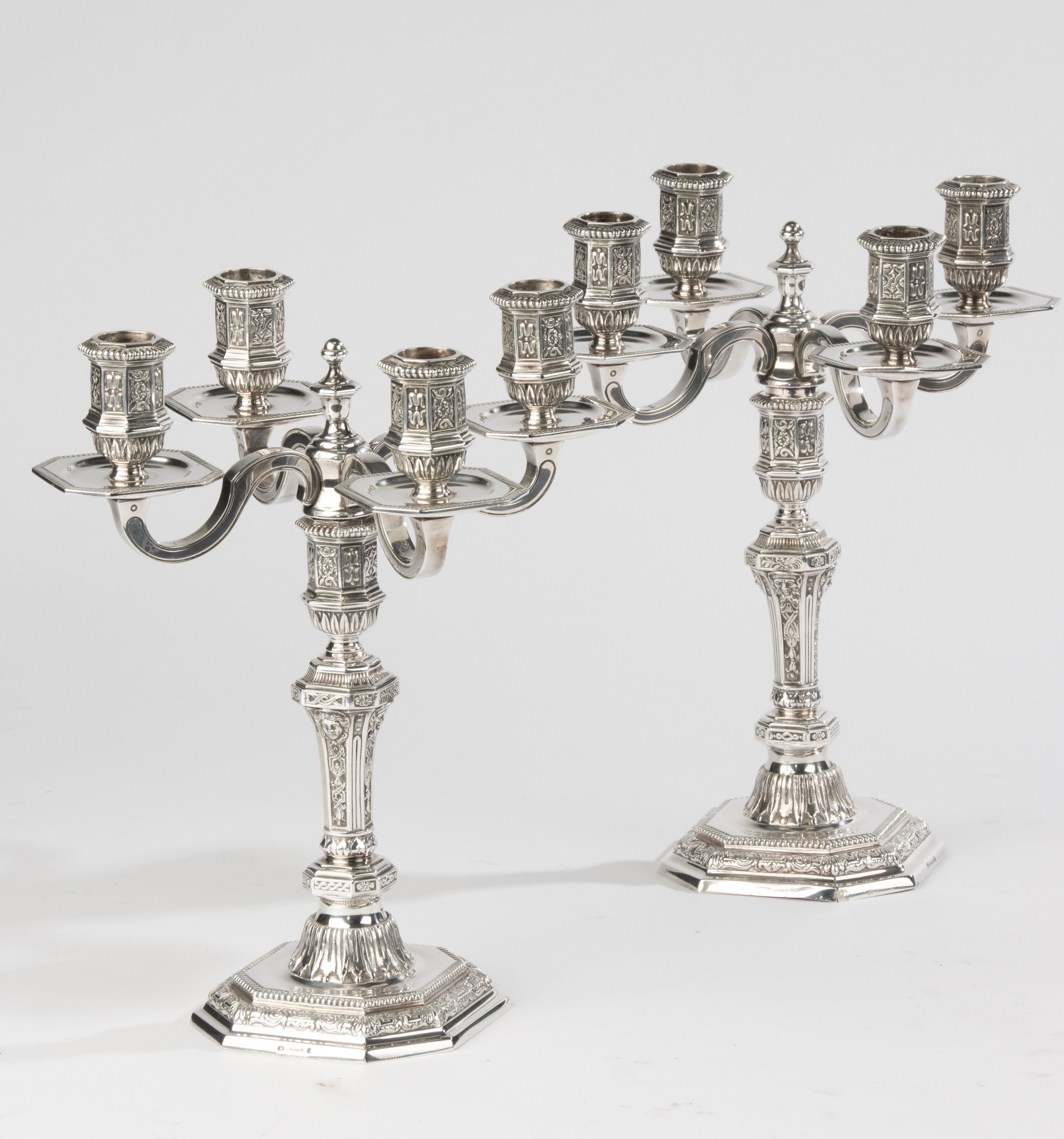Placcato argento Coppia di candelabri in argento placcato - Christofle - Rinascimento - Louis Dupérier in vendita