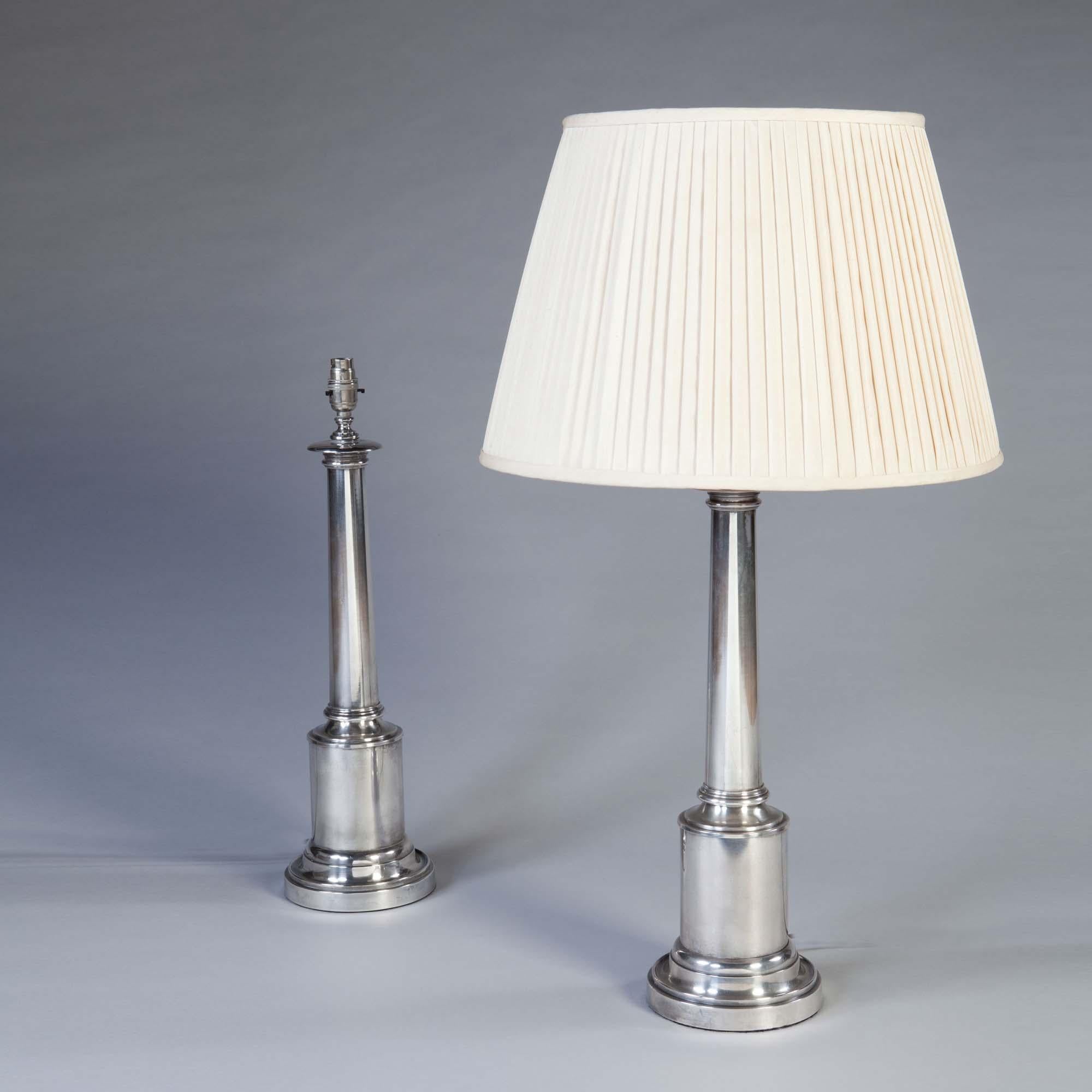 English Pair of Silver Plated Column Table Lamps