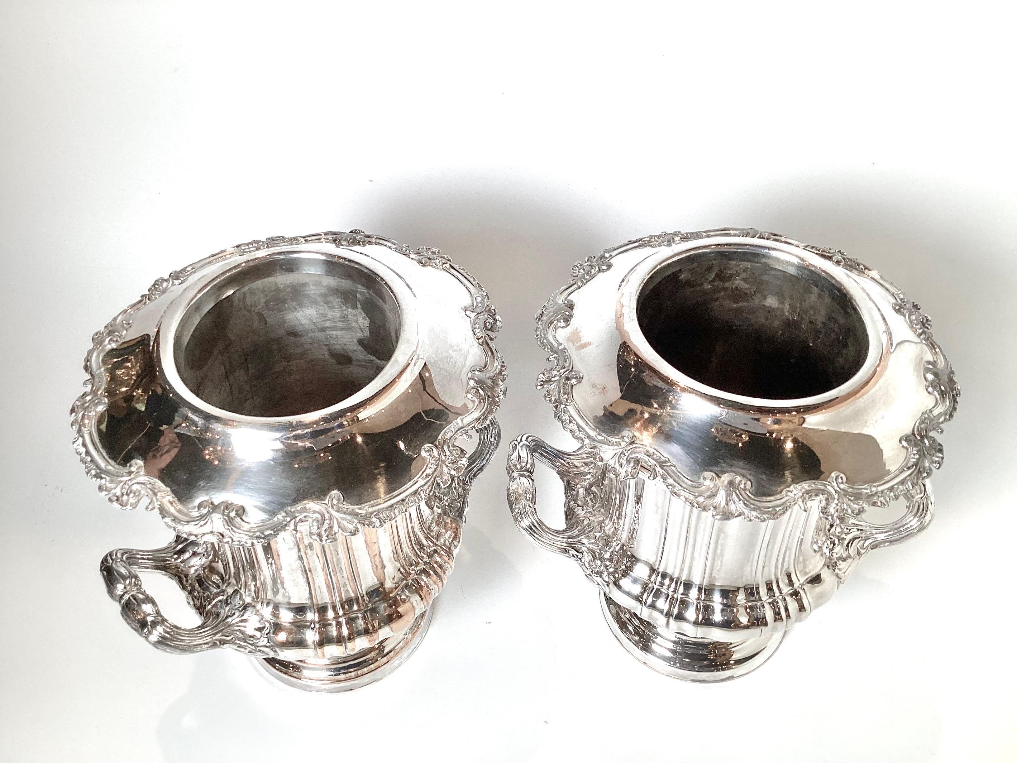 Pair of Silver Plated Copper Campana Urn Champaigne Coolers For Sale 3