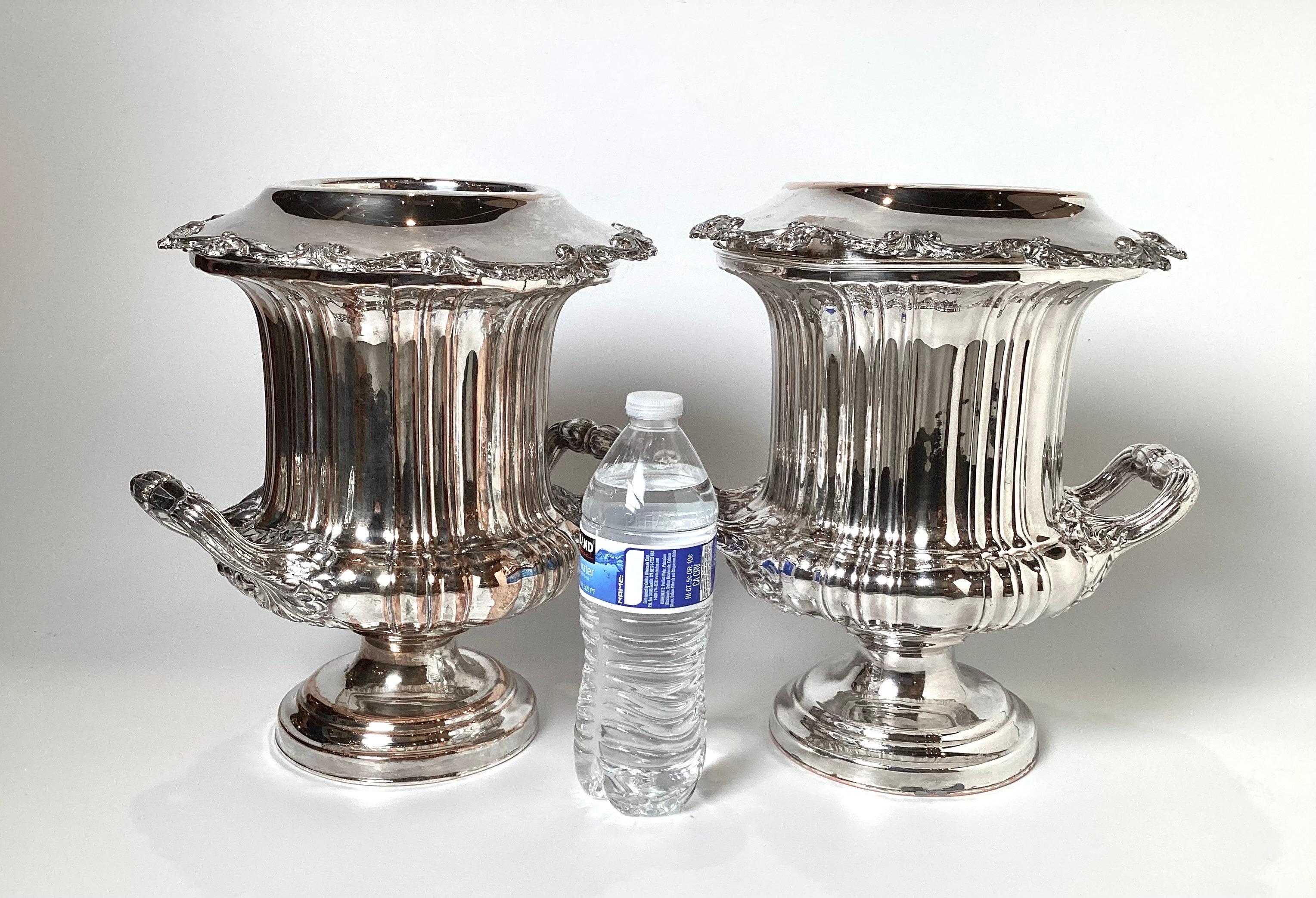 Pair of Silver Plated Copper Campana Urn Champaigne Coolers For Sale 4