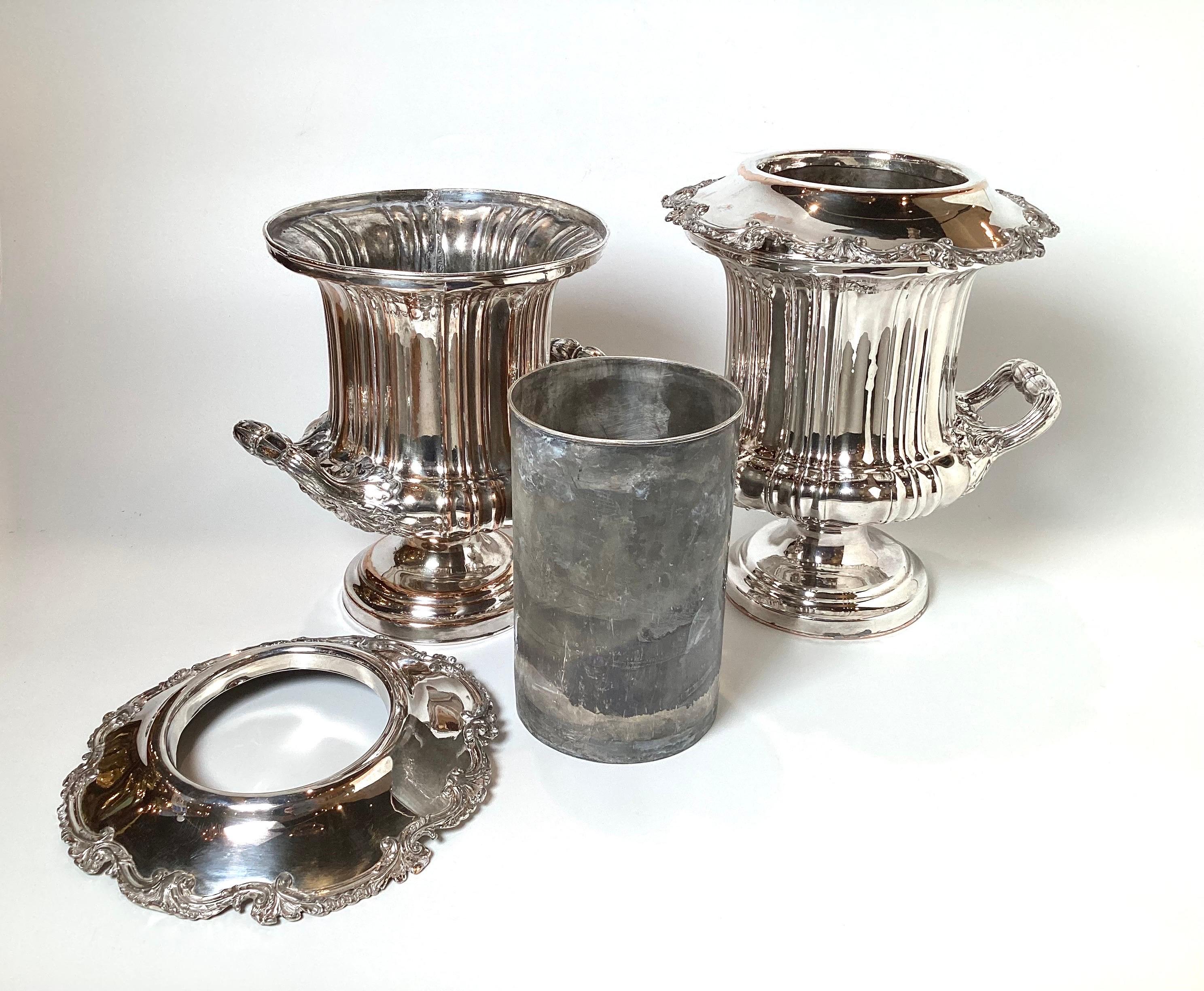 Pair of Silver Plated Copper Campana Urn Champaigne Coolers For Sale 6