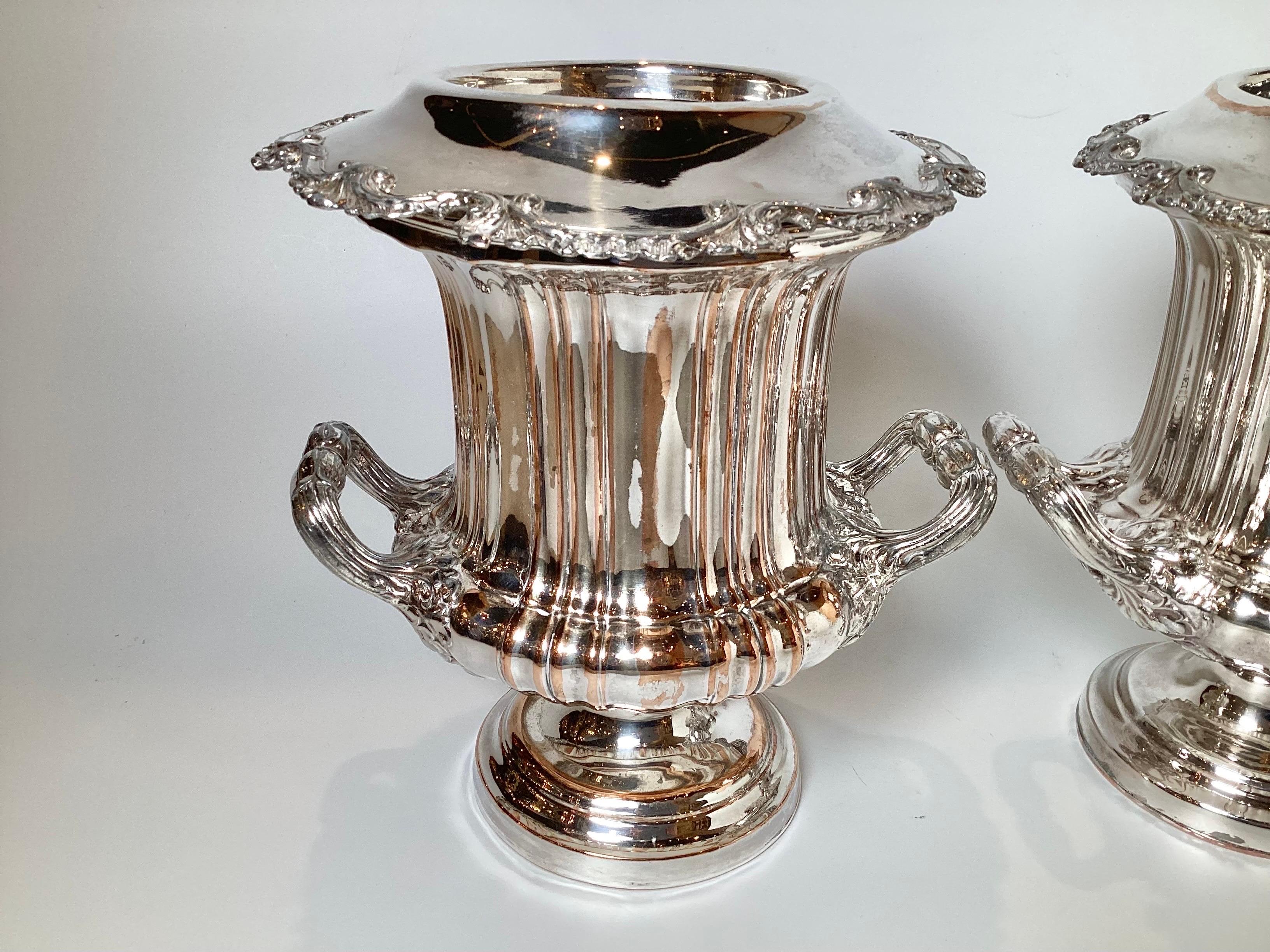 Victorian Pair of Silver Plated Copper Campana Urn Champaigne Coolers For Sale
