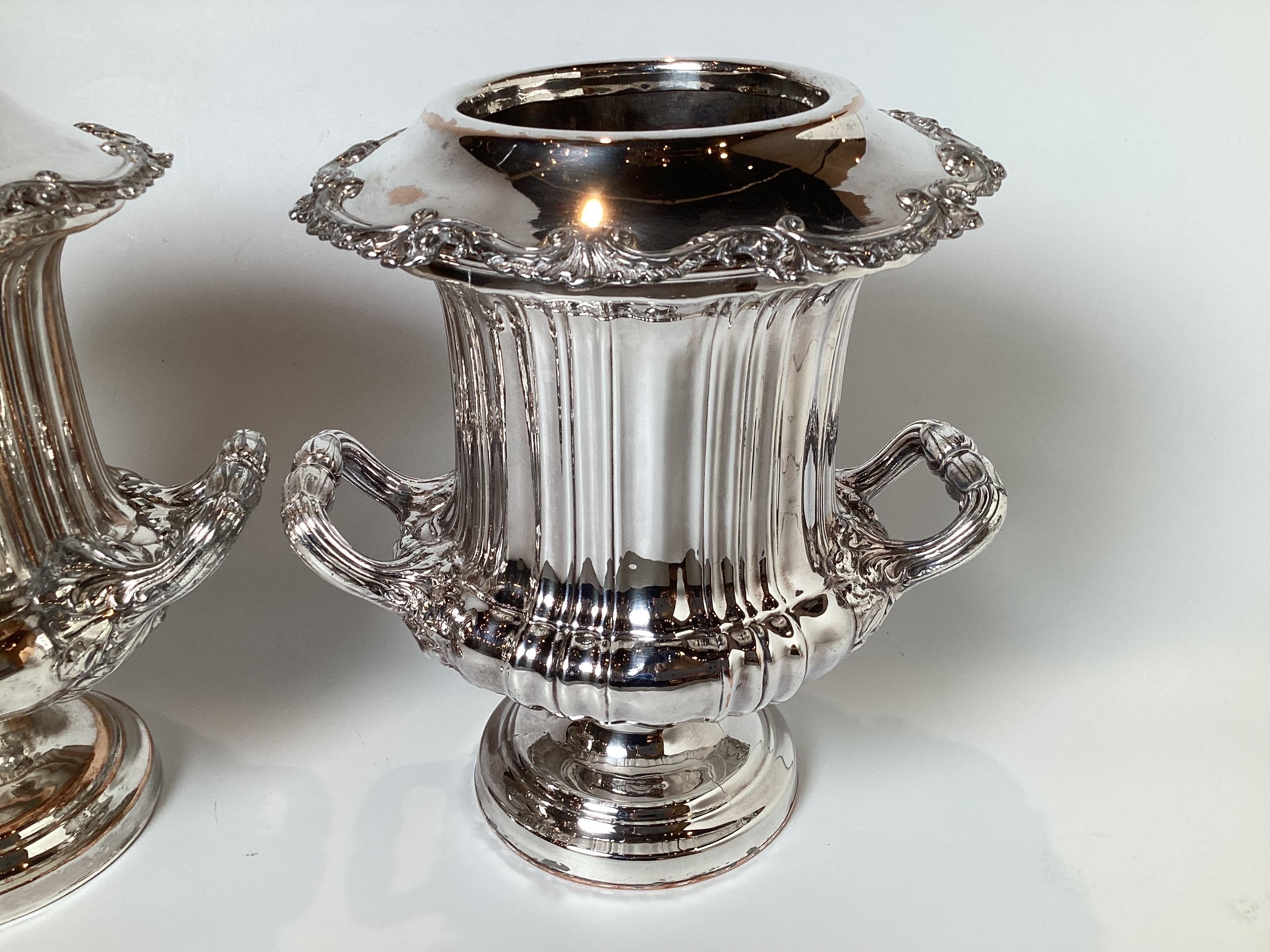 English Pair of Silver Plated Copper Campana Urn Champaigne Coolers For Sale