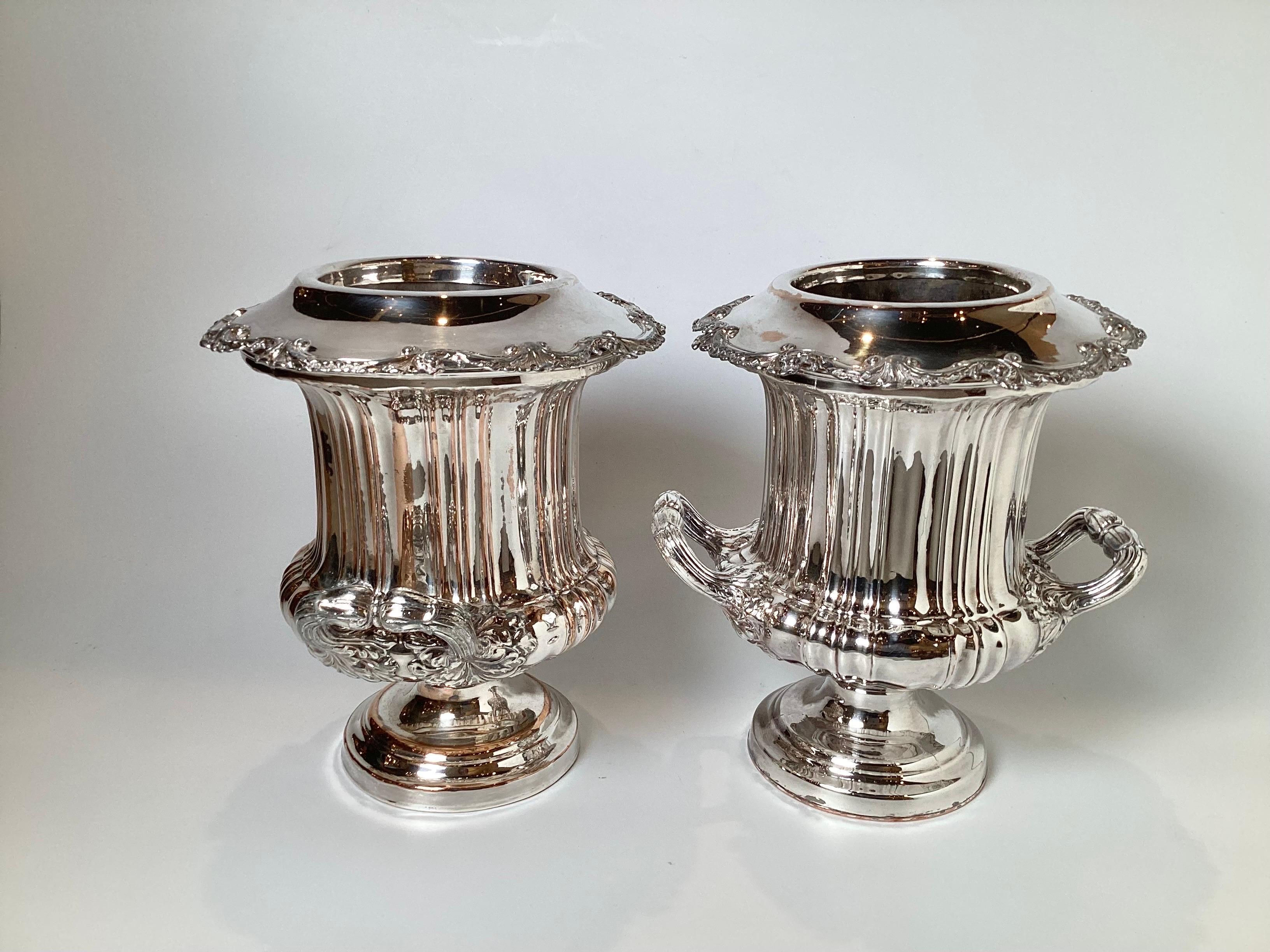 Pair of Silver Plated Copper Campana Urn Champaigne Coolers In Good Condition For Sale In Lambertville, NJ