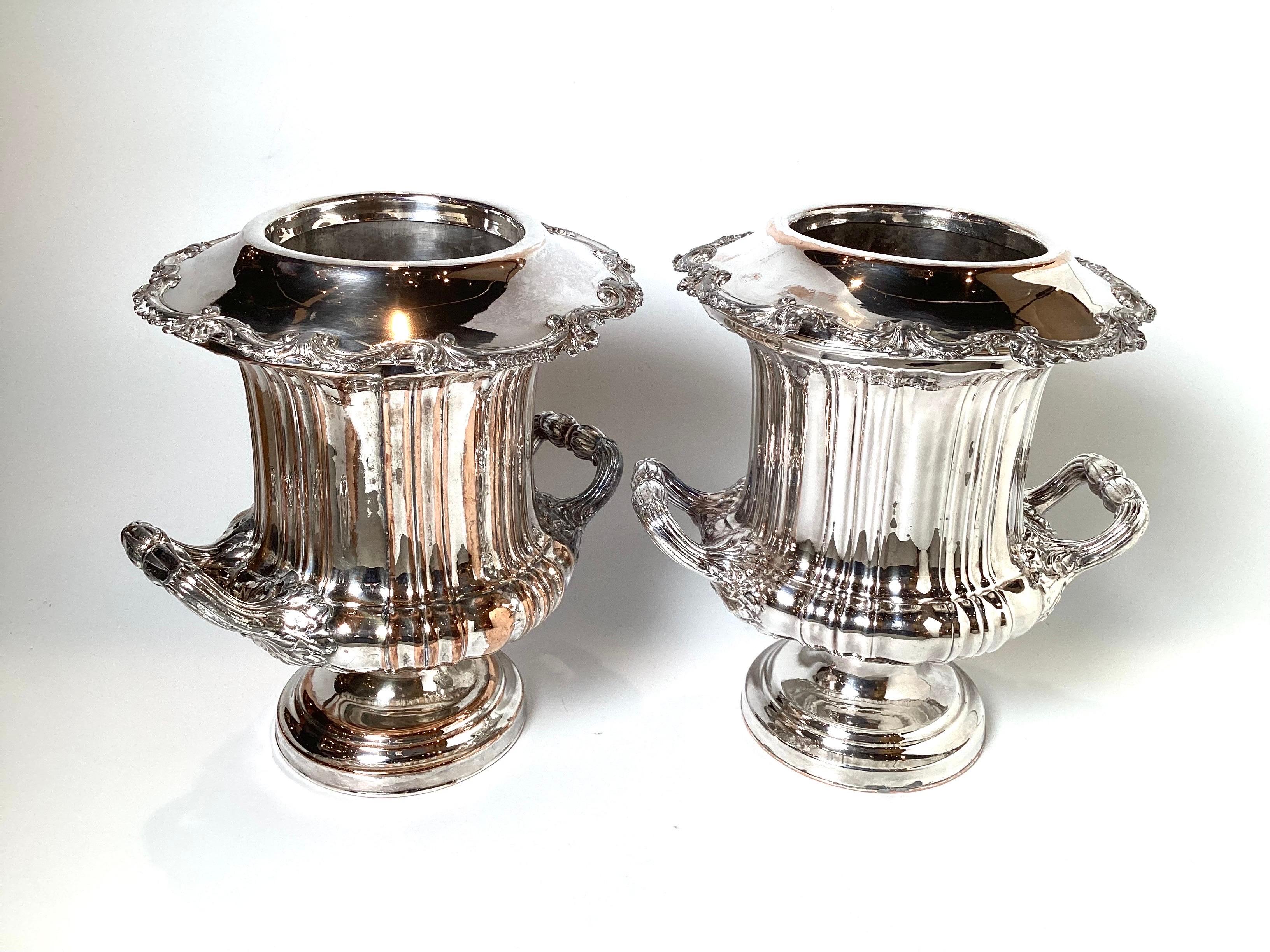 Pair of Silver Plated Copper Campana Urn Champaigne Coolers For Sale 2