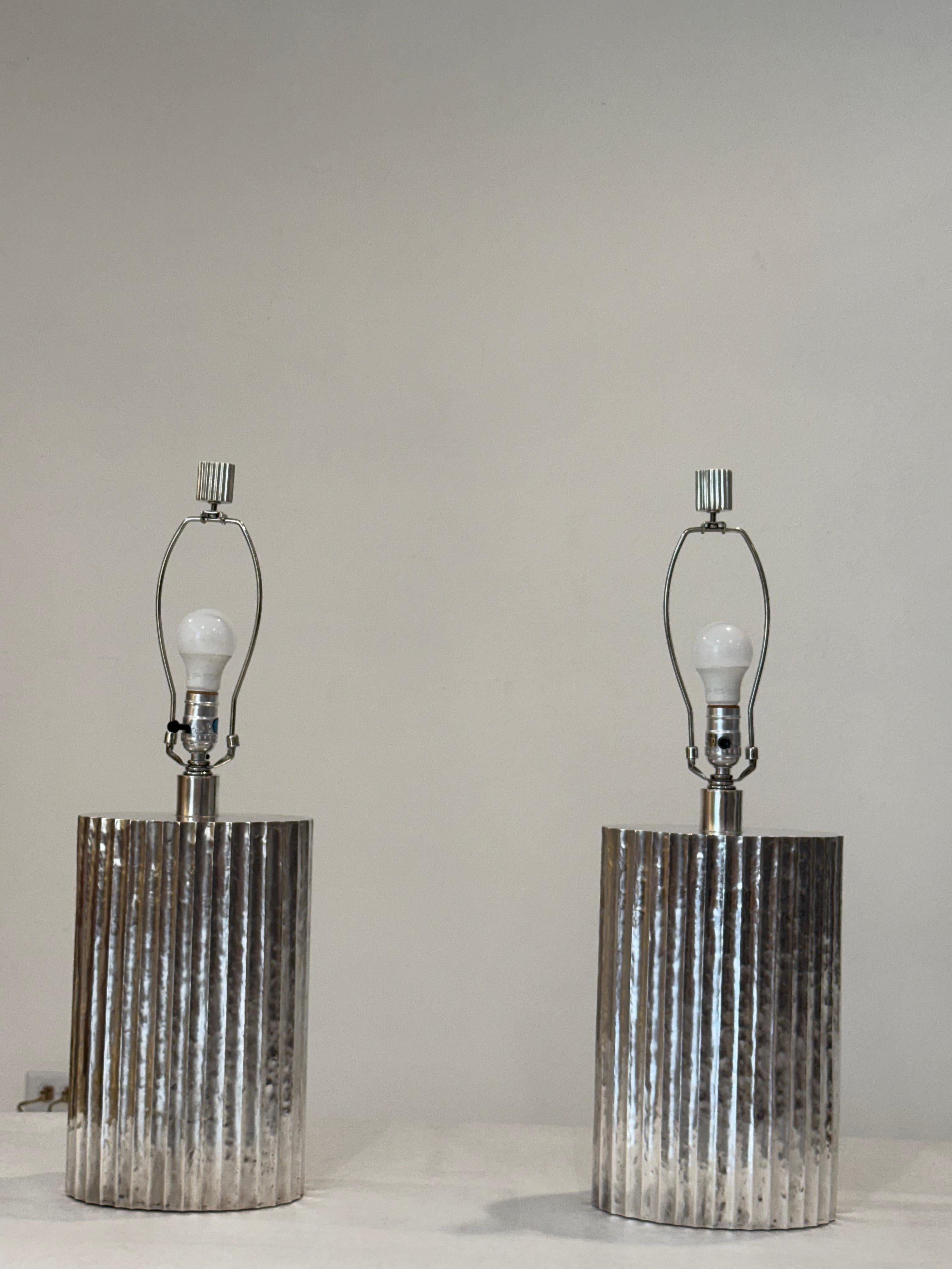 Polished A Pair of  Silver Plated Fluted Flask Table Lamps by Robert Kuo for McGuire For Sale