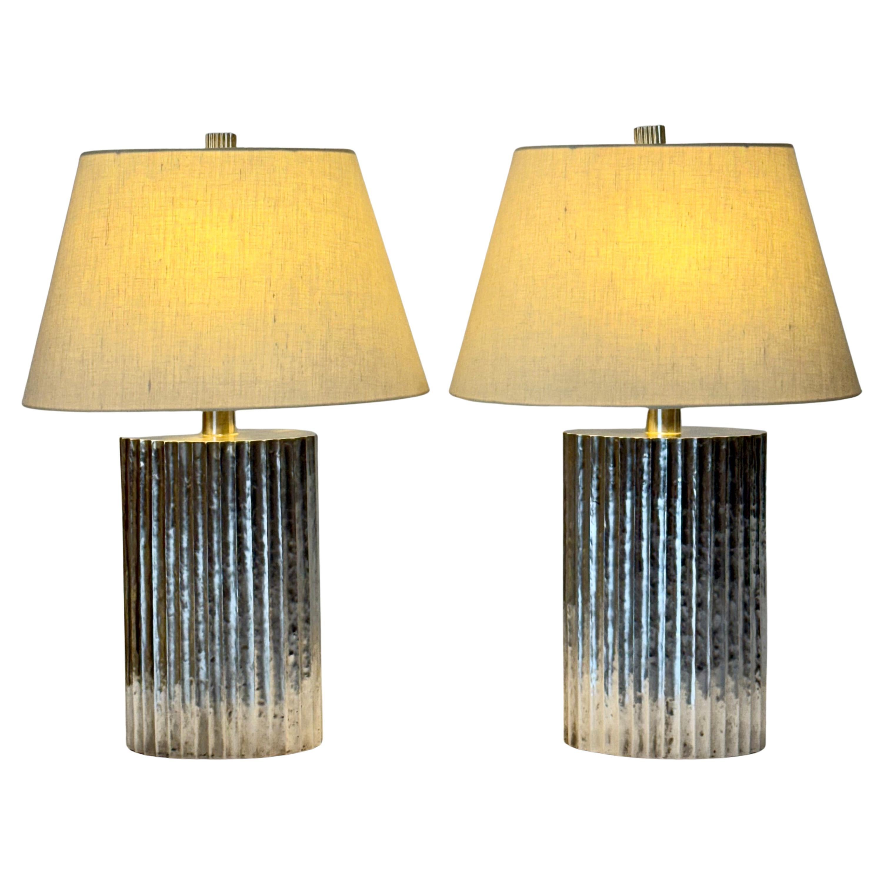 A Pair of  Silver Plated Fluted Flask Table Lamps by Robert Kuo for McGuire For Sale