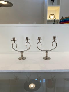 Silver Plated Pair Double Swan Candelabra Candleholders Sculptural 1970s Italy