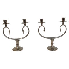 Silver Plated Pair Double Swan Candelabra Candleholders Sculptural 1970s Italy