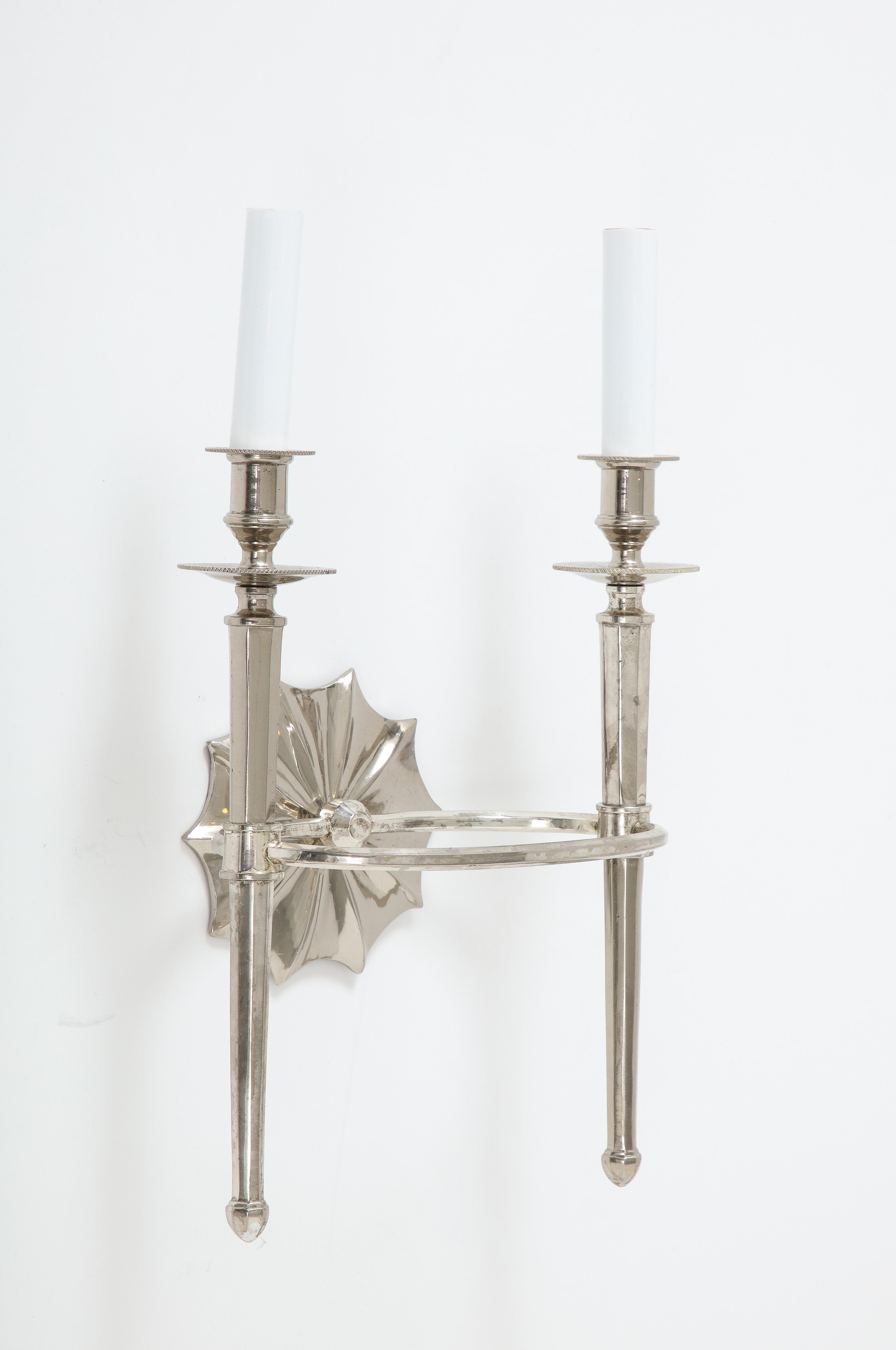 Pair of Silver Two-Arm Wall Sconces For Sale 4
