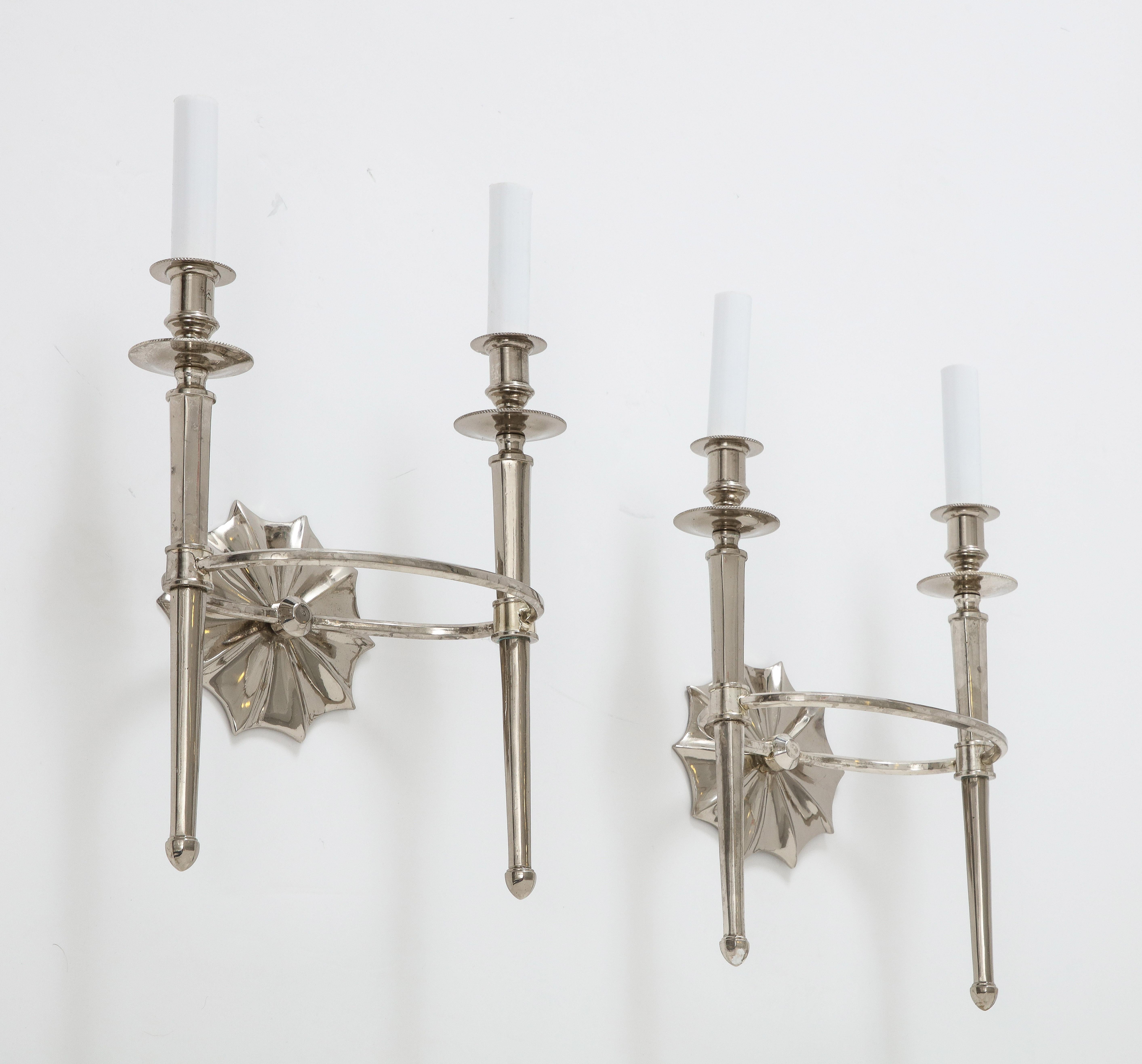 Neoclassical Pair of Silver Two-Arm Wall Sconces For Sale