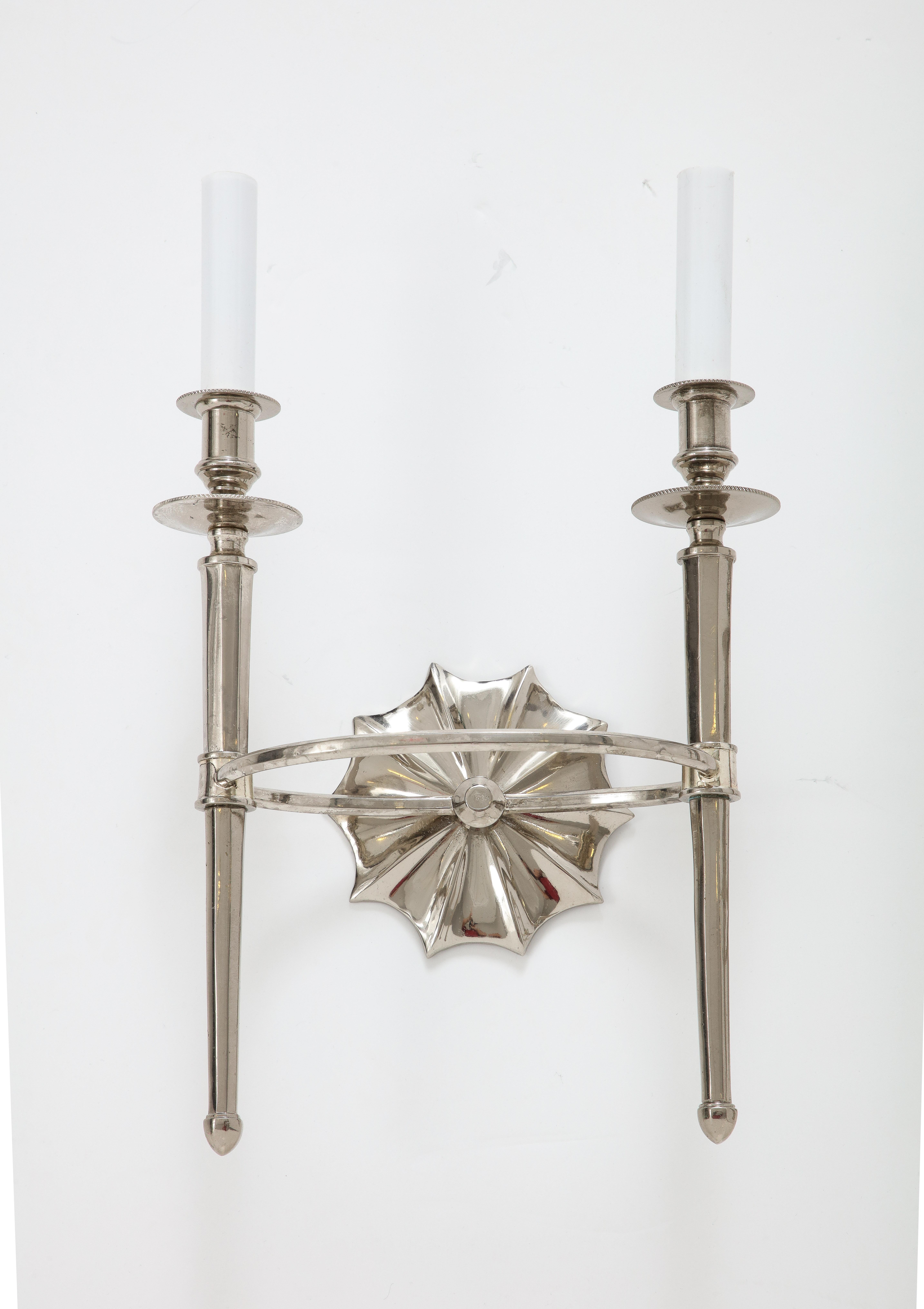 Pair of Silver Two-Arm Wall Sconces In Excellent Condition For Sale In New York, NY