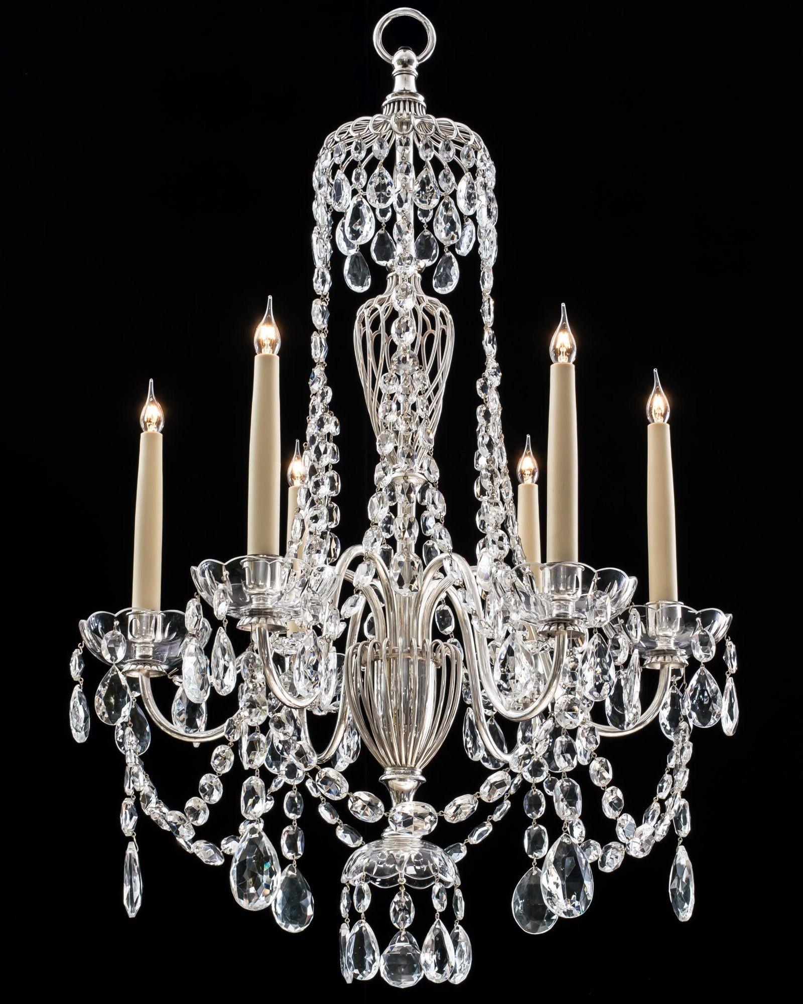 English A Pair Of Silvered and Crystal Chandeliers By Osler & Faraday  For Sale