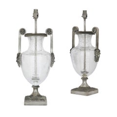 Pair of Silvered-Bronze and Cut-Glass Urn Lamp Bases, French Empire Style
