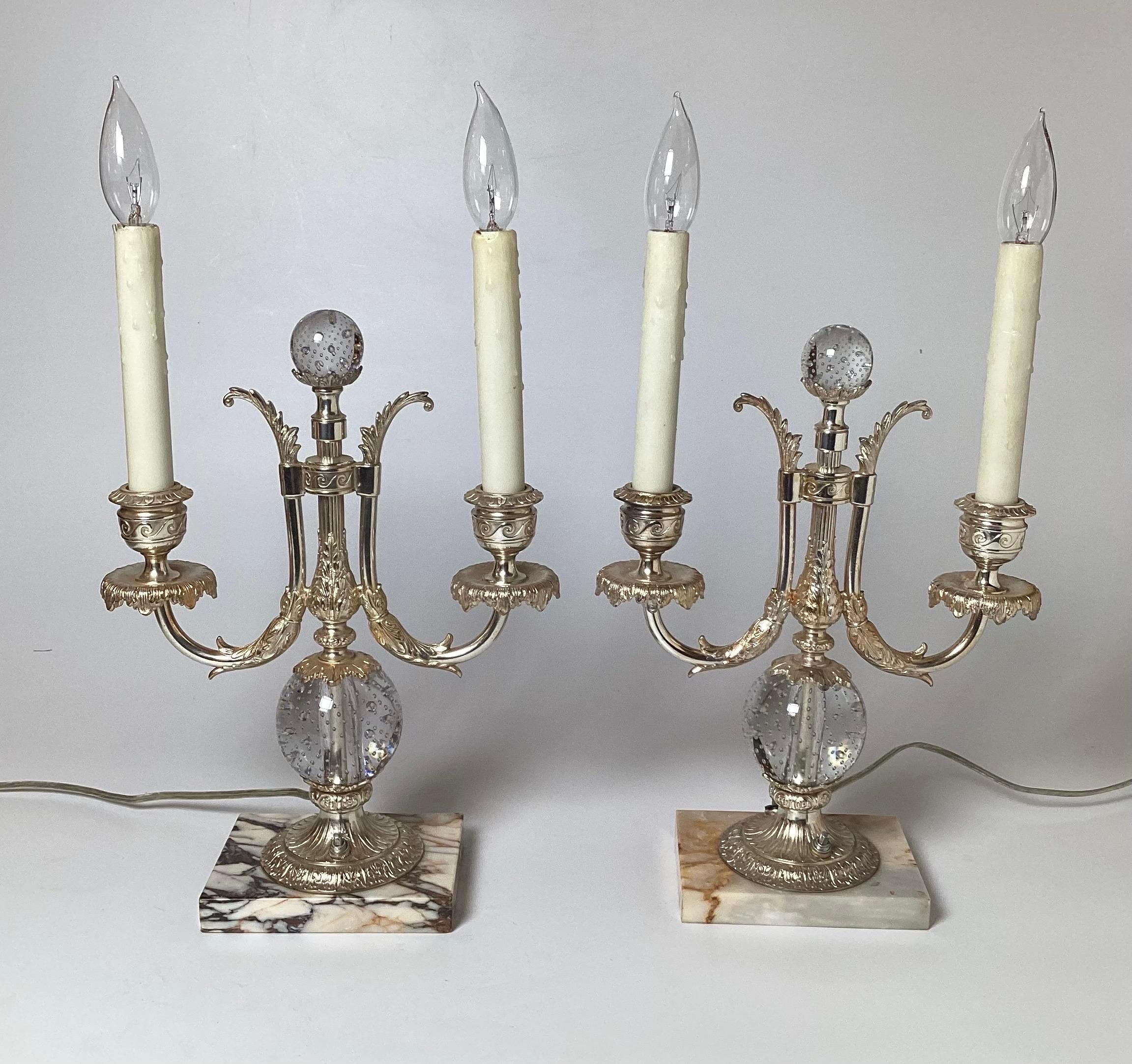 American Pair of Silvered Bronze Candelabra Lamps by Pairpoint For Sale