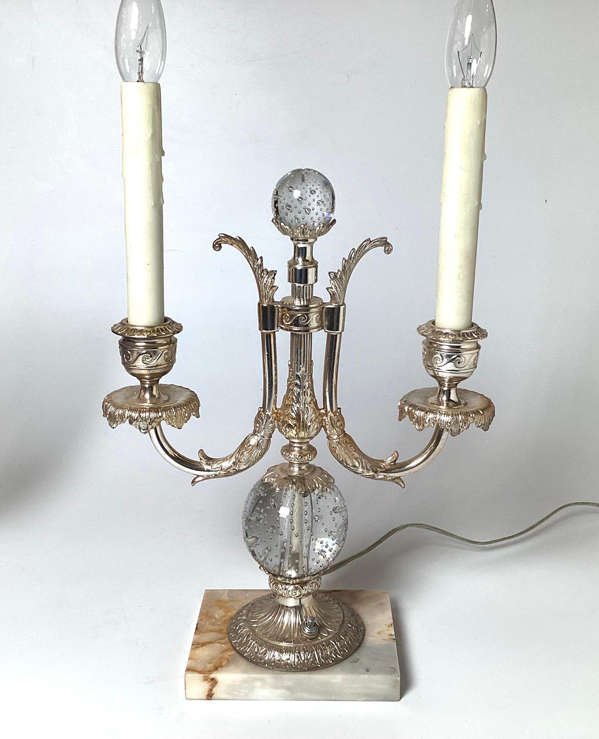 Pair of Silvered Bronze Candelabra Lamps by Pairpoint In Good Condition For Sale In Lambertville, NJ