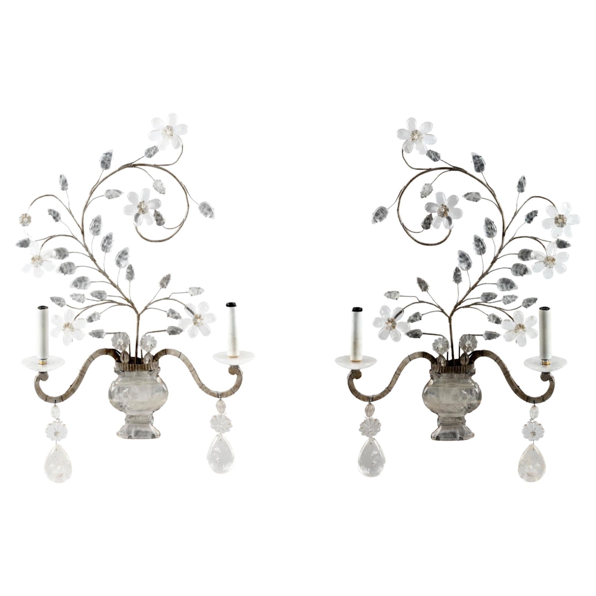 A Pair of Silvered Metal and Rock Crystal Two-Light Sconces Style Maison Bagues  For Sale