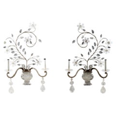 Vintage A Pair of Silvered Metal and Rock Crystal Two-Light Sconces Style Maison Bagues 