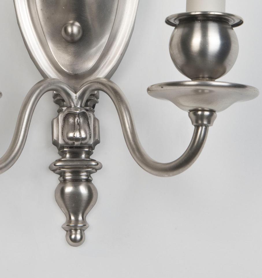 American Two Arm Shield Back Sconces in Silver Plate by Bradley & Hubbard, Circa 1910s For Sale