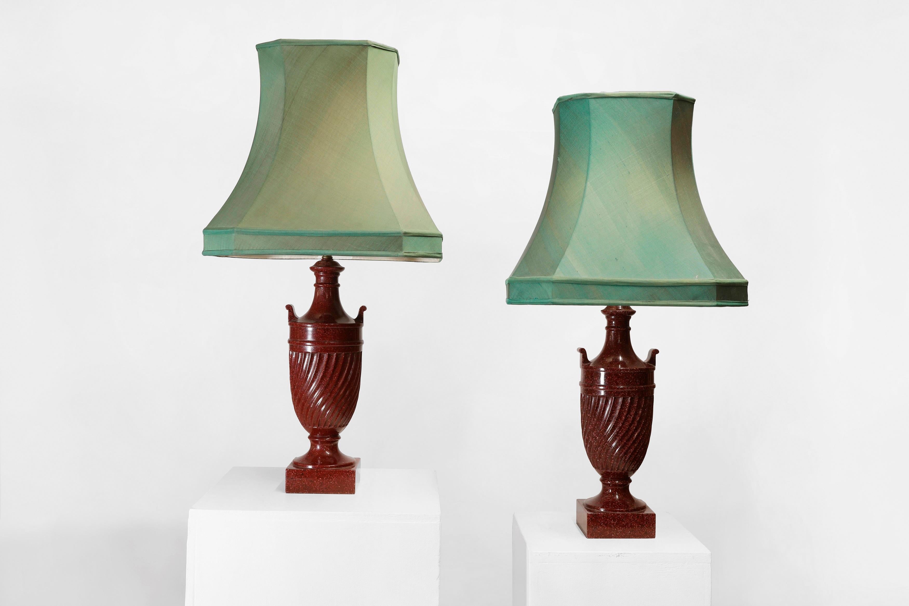 20th Century A pair of simulated porphyry table lamps in the shape of urns For Sale