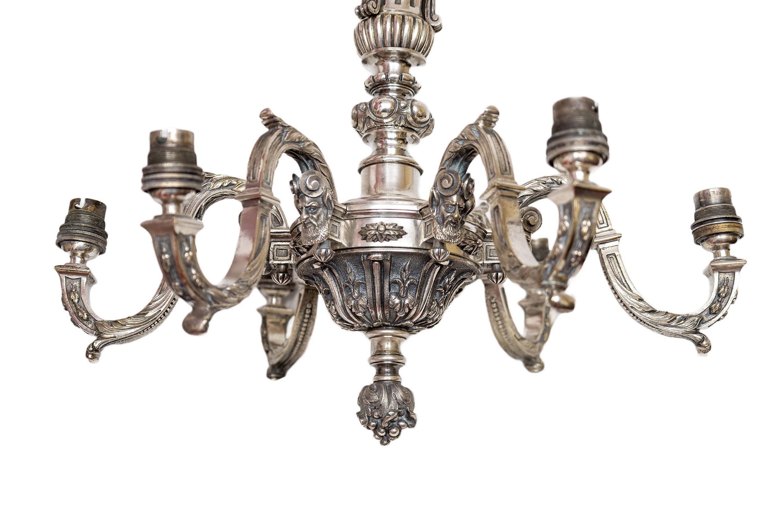 Other A Pair Of Six-Branch Silver-Plated Bronze Chandeliers, Marks From Perry And Co For Sale