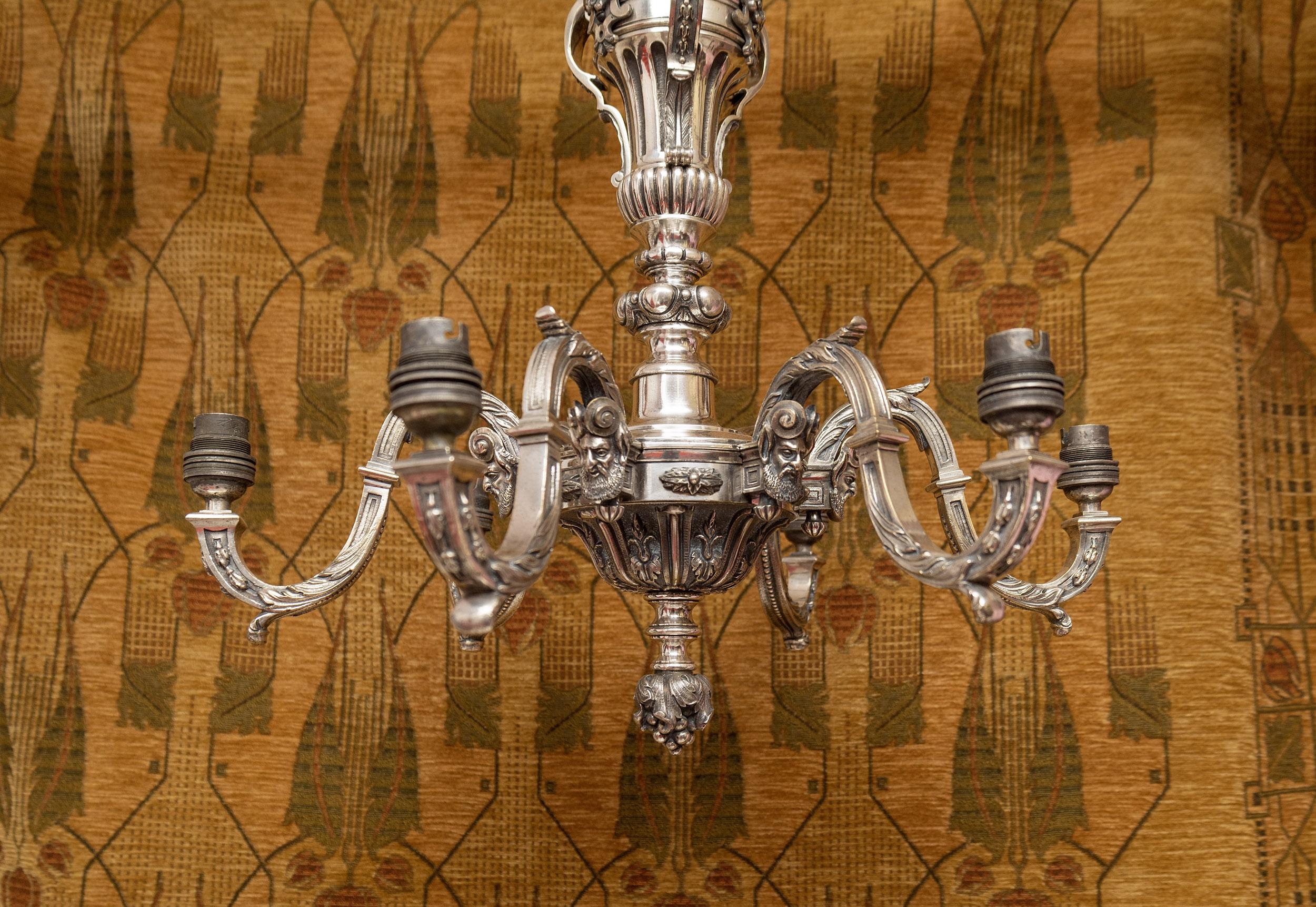 English A Pair Of Six-Branch Silver-Plated Bronze Chandeliers, Marks From Perry And Co For Sale