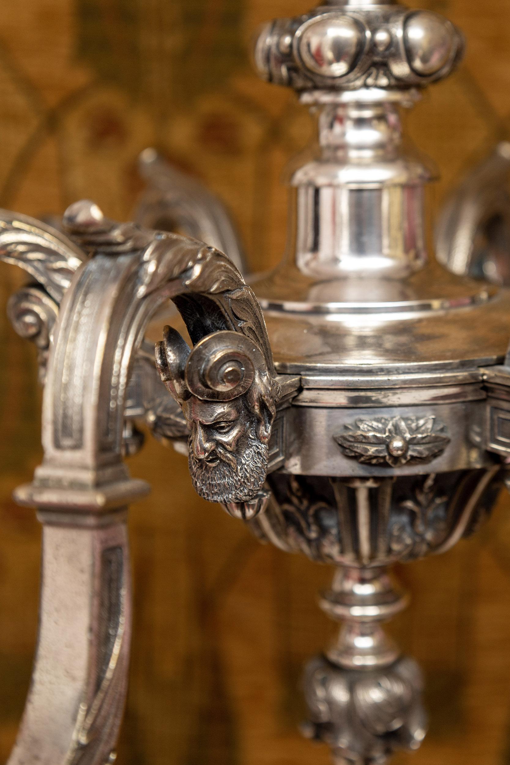 A Pair Of Six-Branch Silver-Plated Bronze Chandeliers, Marks From Perry And Co In Good Condition For Sale In London, GB