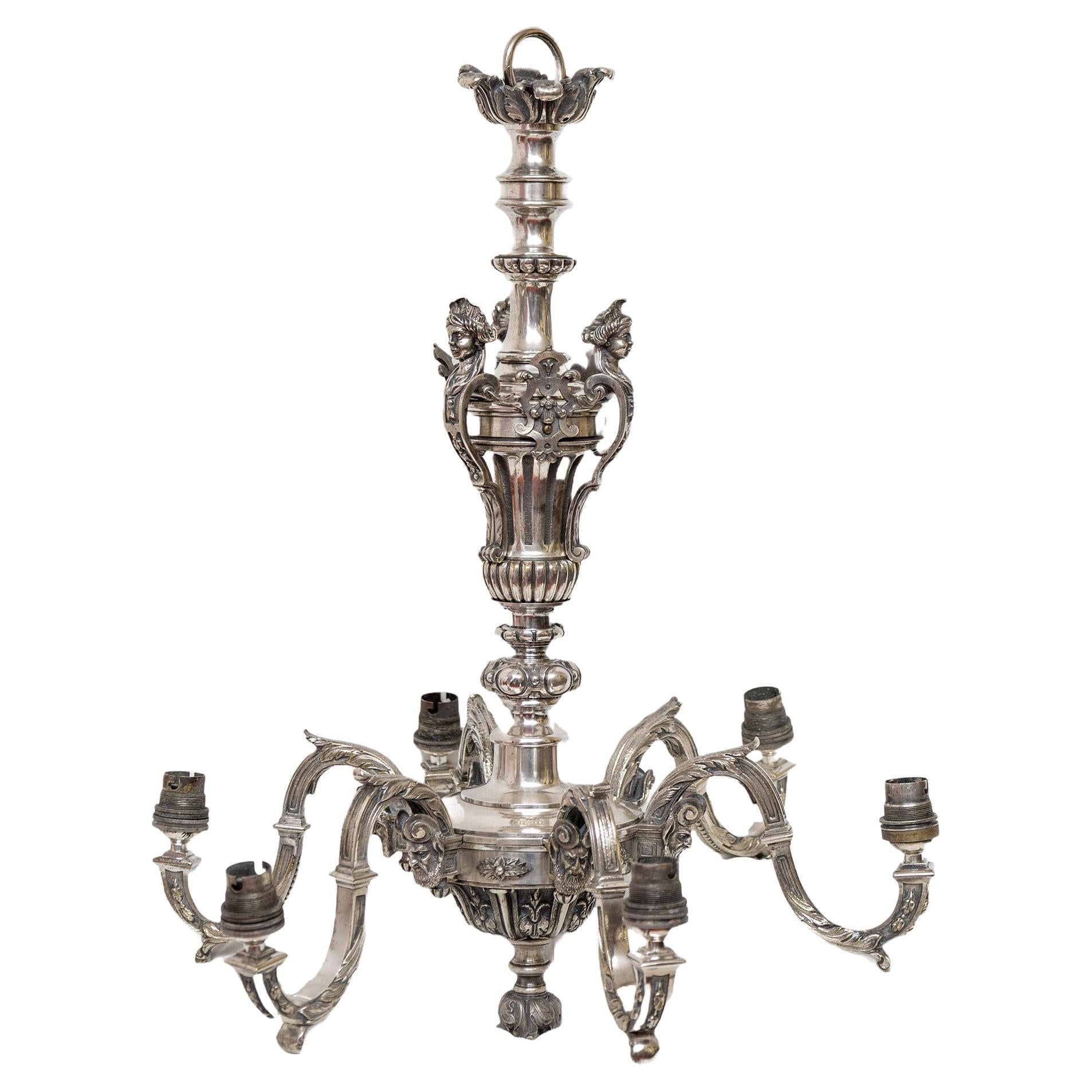 A Pair Of Six-Branch Silver-Plated Bronze Chandeliers, Marks From Perry And Co For Sale