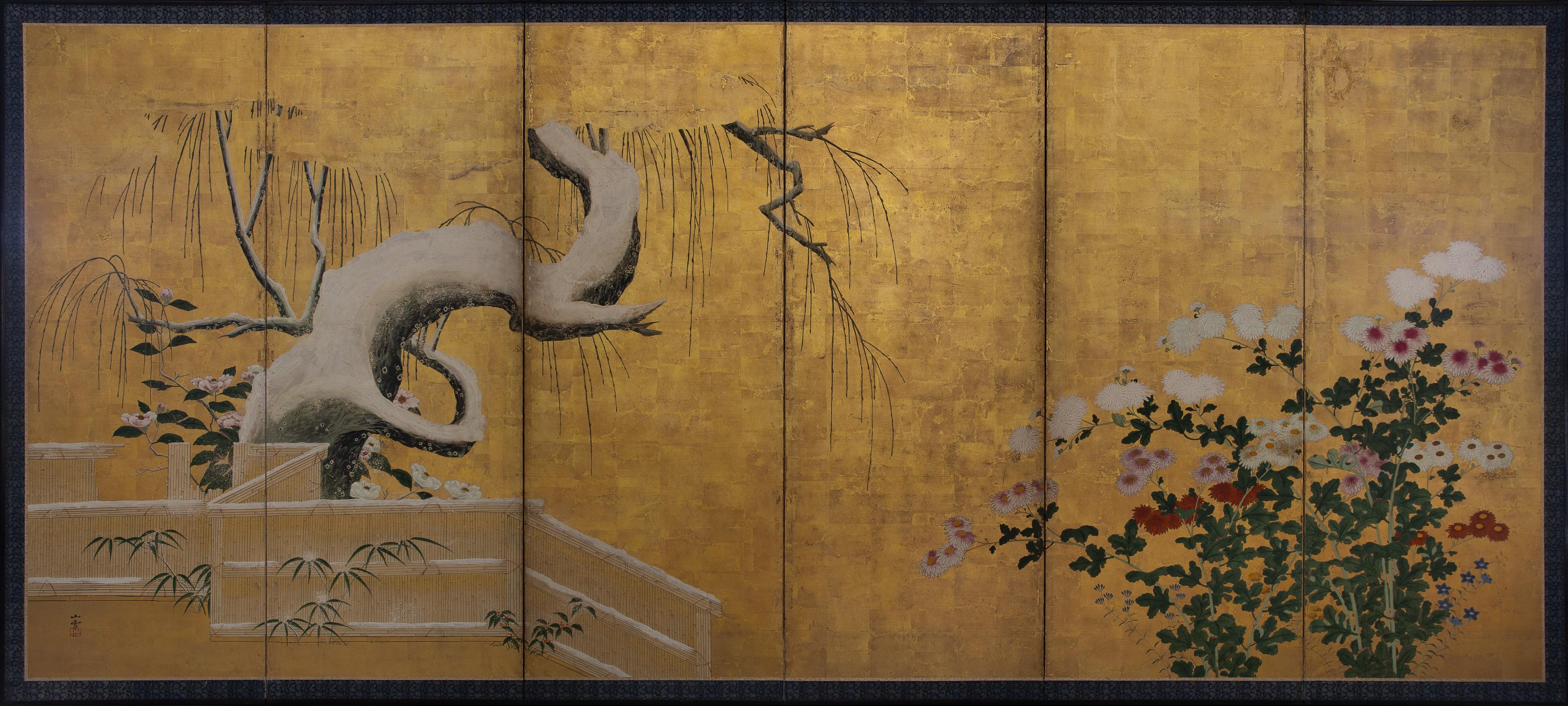 Flowers and Trees of the Four Seasons
A pair of six-panel folding screens; ink, color, gofun and gold leaf on paper
Kyoto Kano (Kyo-Kano) School

Attributed to Kano Sansetsu (1590-1651)

Signature: Sansetsu

Seal: Jasokuken

Each 170 by