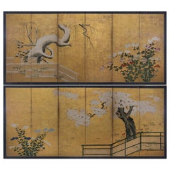 Antique Pair of Six-Fold Japanese Screens Attribtuted to Kano Sansetsu, 1590-1651