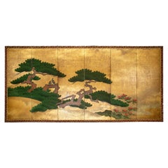 A pair of six-panel folding screens depicting two pine trees (matsu)