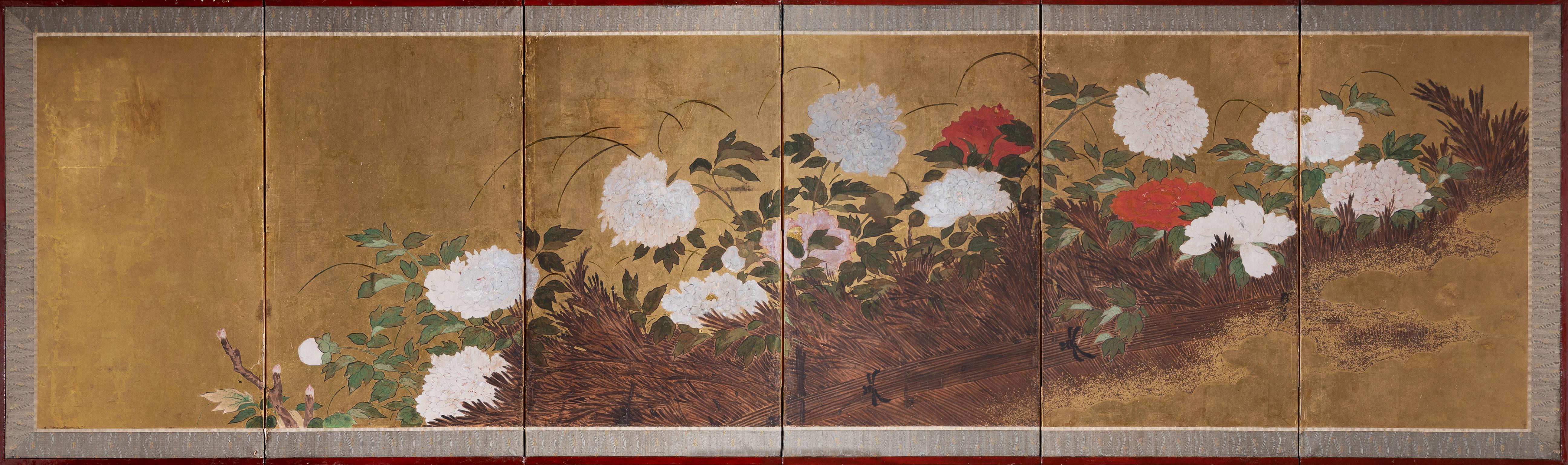 Japanese Pair of Six-Panel Folding Screens with Peonies and Other Flowers For Sale