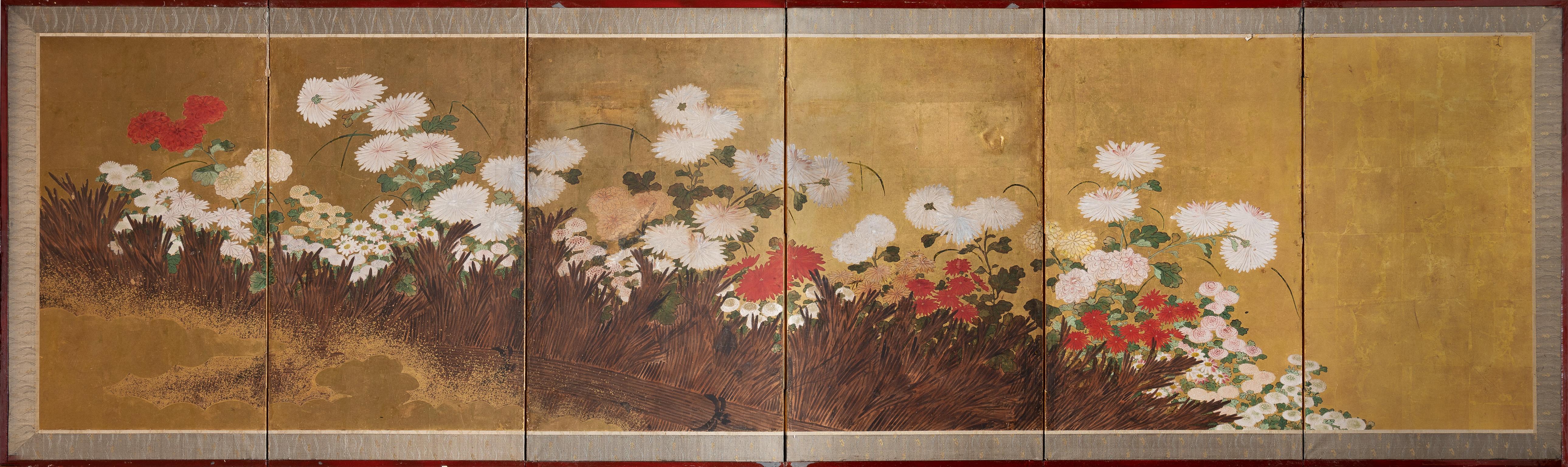 Pair of Six-Panel Folding Screens with Peonies and Other Flowers In Good Condition For Sale In Milano, IT