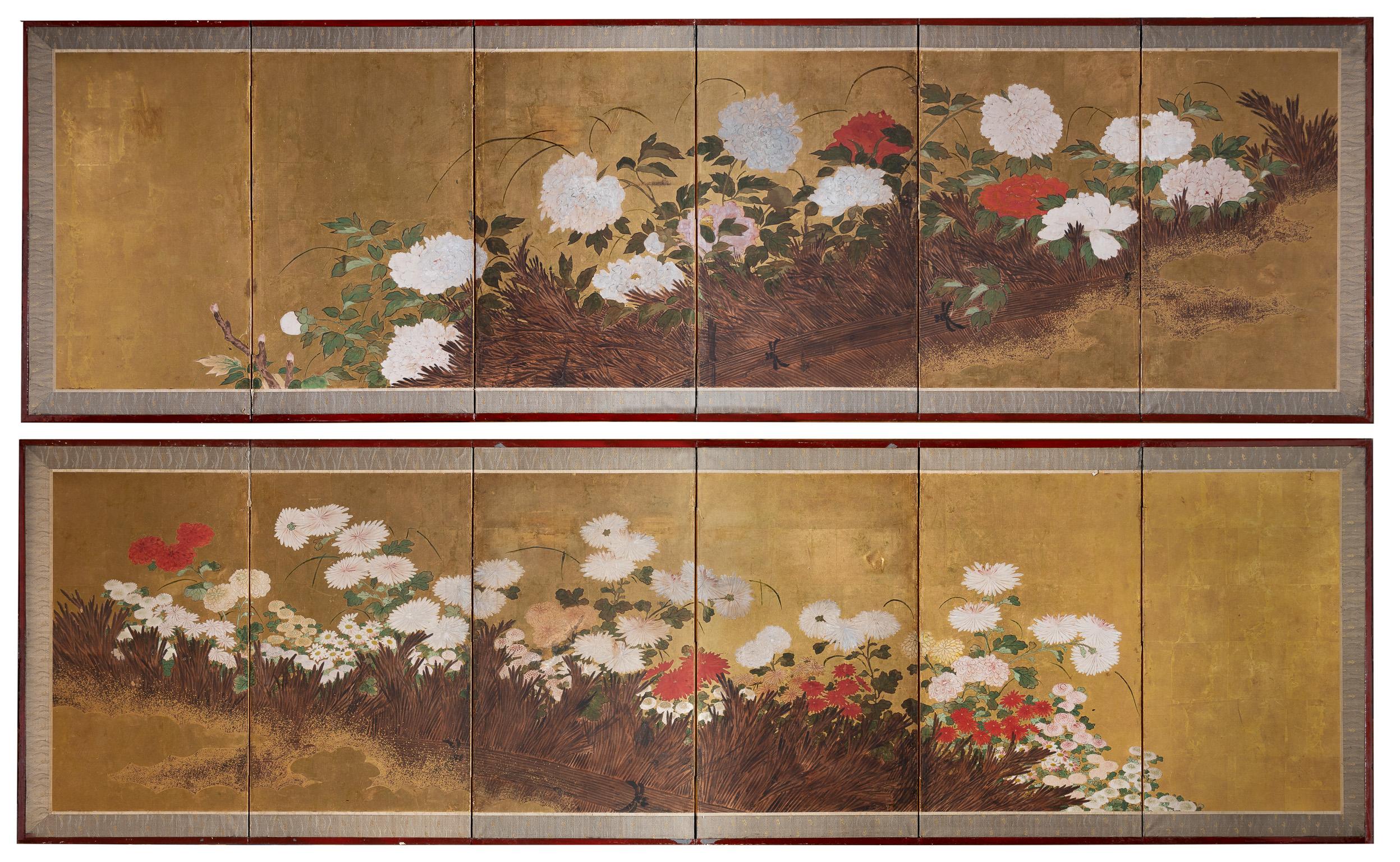 19th Century Pair of Six-Panel Folding Screens with Peonies and Other Flowers For Sale