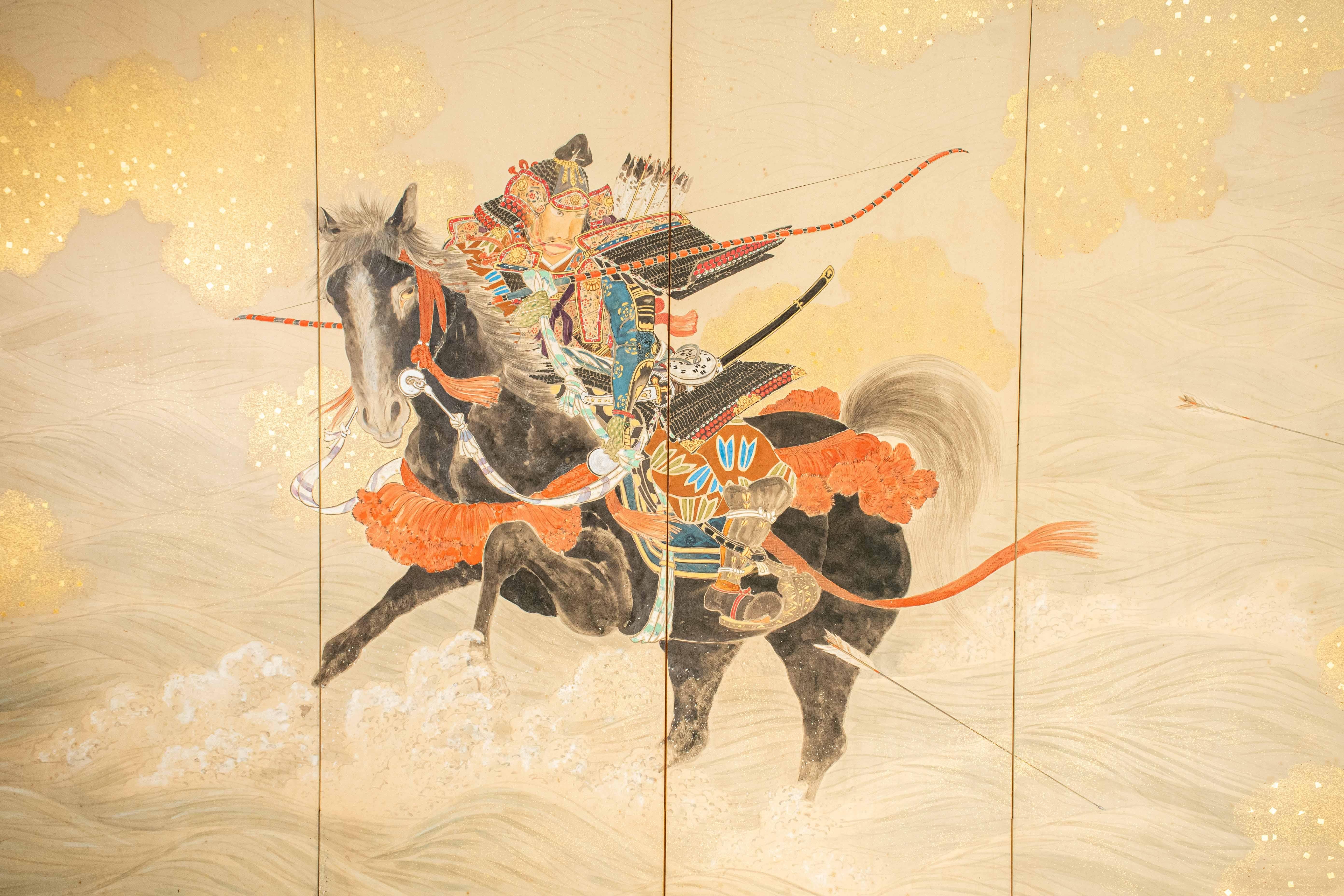 Pair of six-panel screens depicting a scene in which two samurai archers on horseback are in the thick of the battle for the front line during the historic Battle of the Uji River.

Both are armed with bows and quivers loaded with arrows, ready to