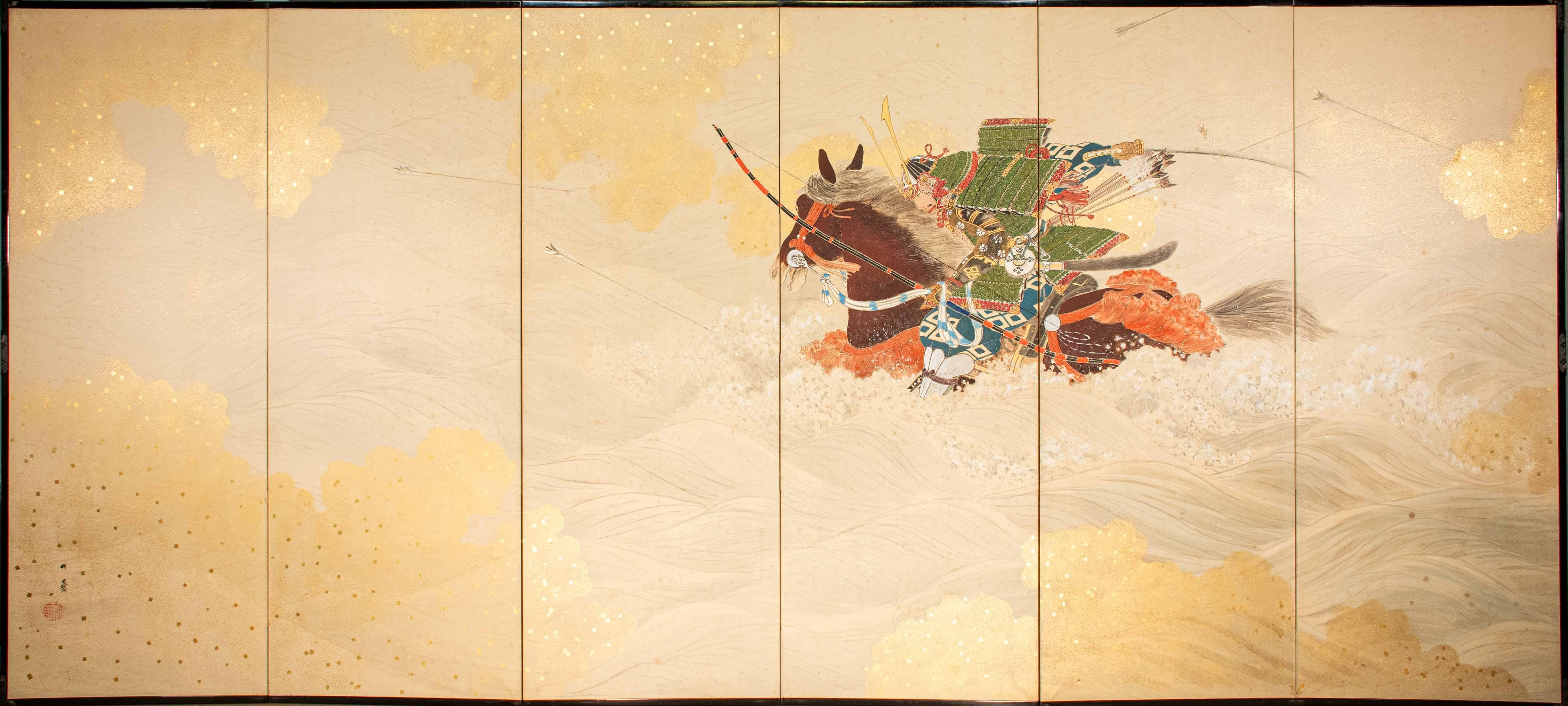 Japanese A pair of six-panel screens depicting two samurai archers on horseback