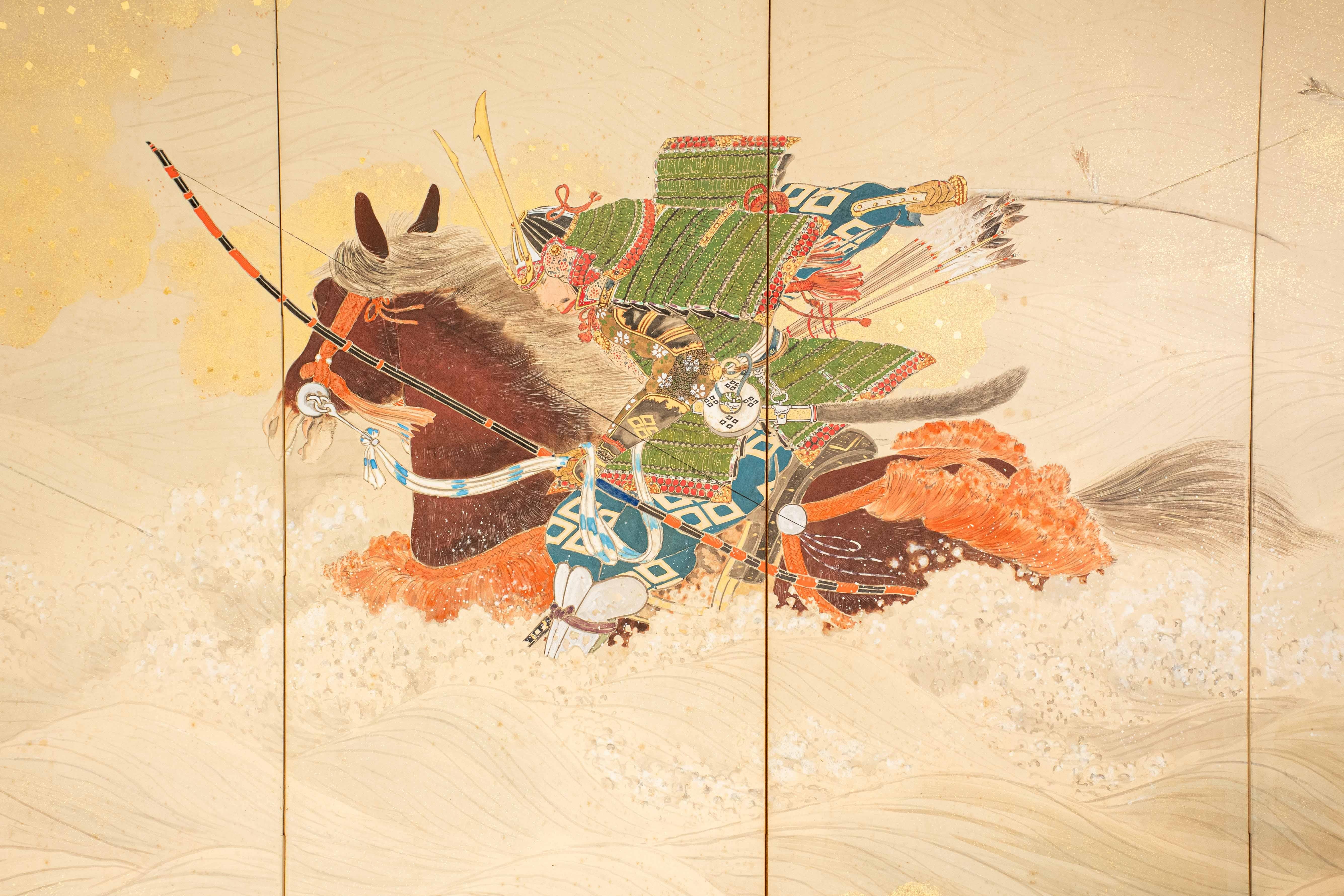 Hand-Painted A pair of six-panel screens depicting two samurai archers on horseback