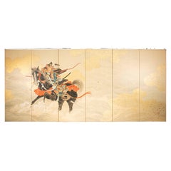 A pair of six-panel screens depicting two samurai archers on horseback