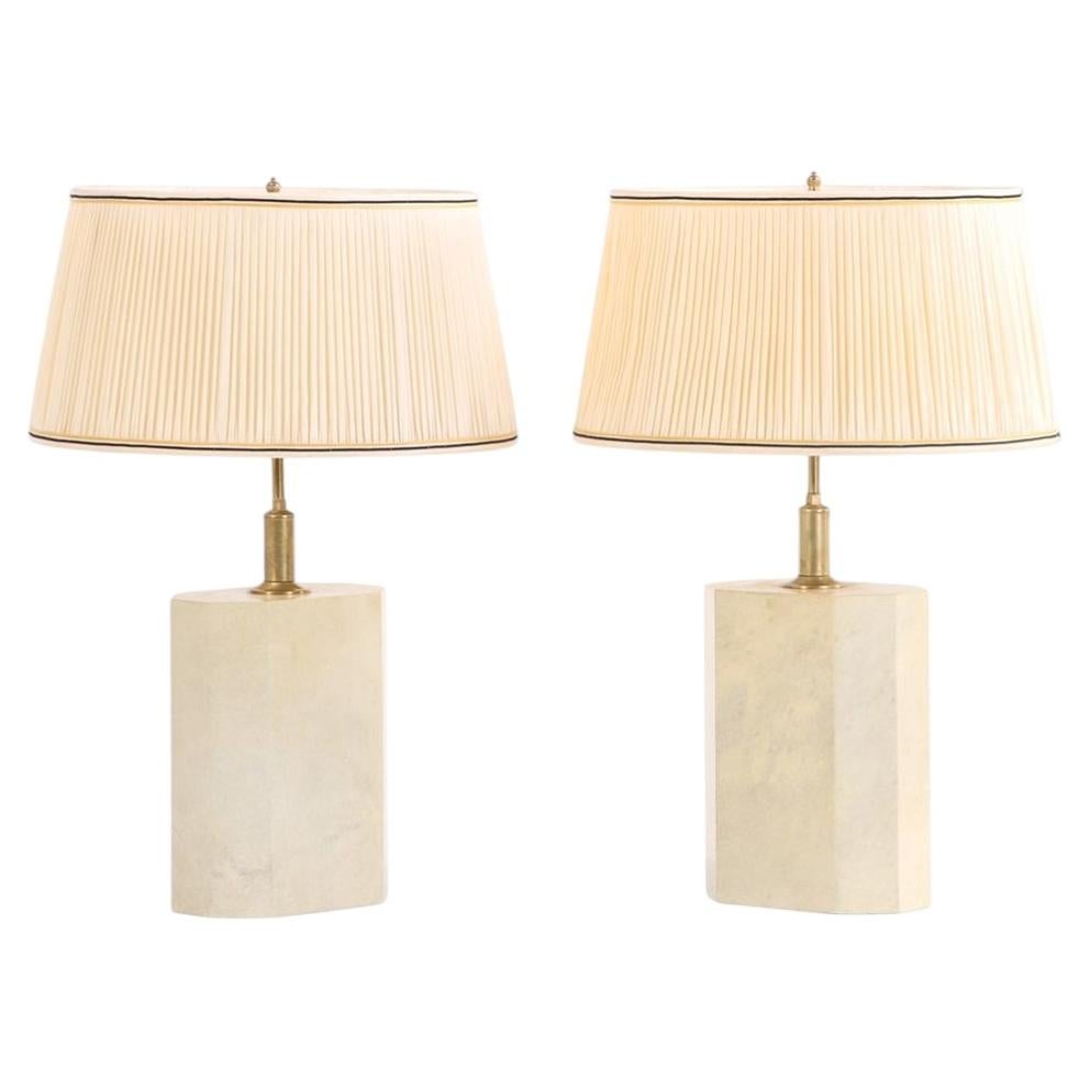 A pair of six sided brass and parchment covered table lamps, C. 1960