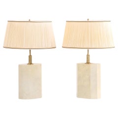 A pair of six sided brass and parchment covered table lamps, C. 1960