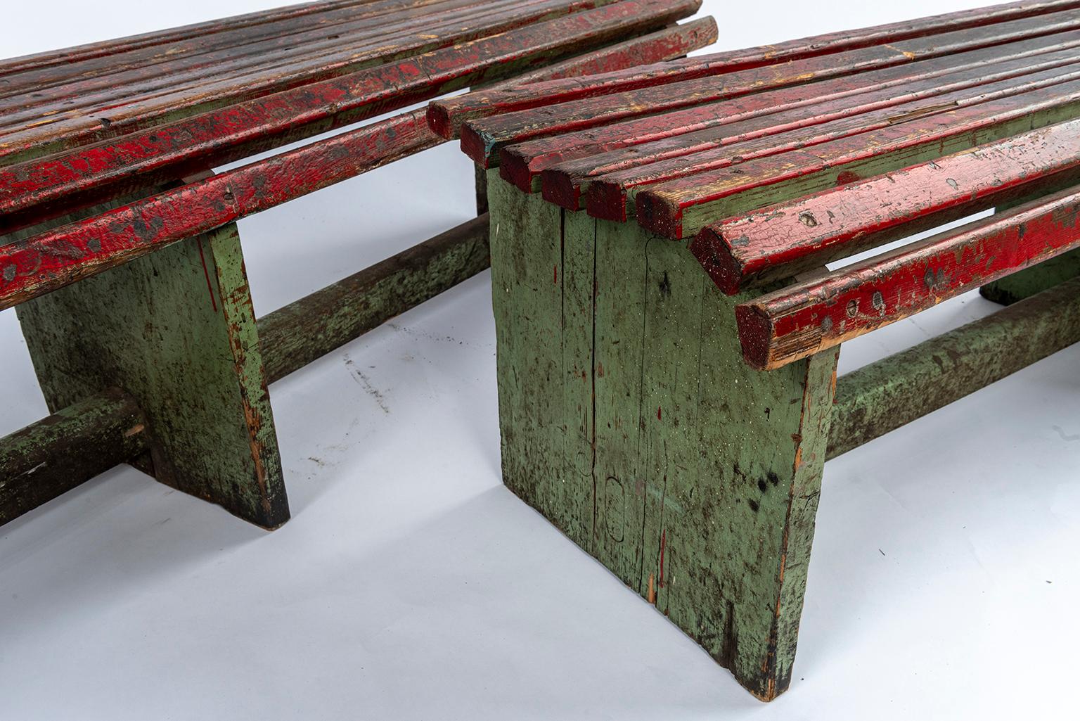 French Pair of Slatted Painted Long Benches Sold Individually For Sale