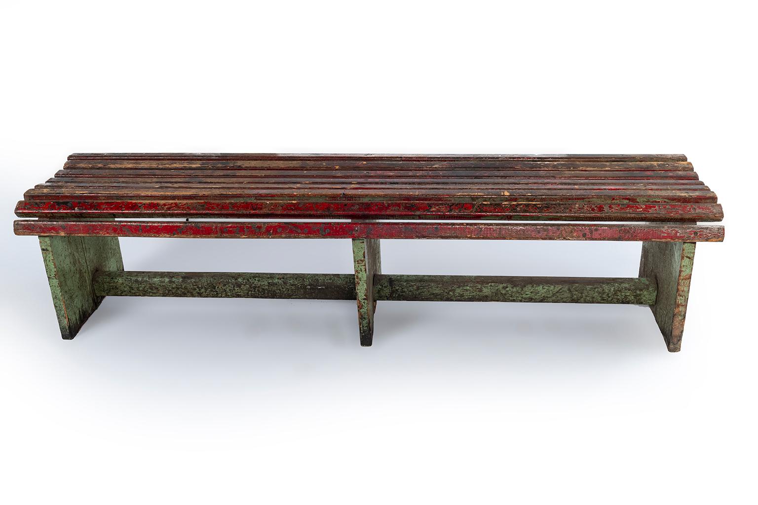 19th Century Pair of Slatted Painted Long Benches Sold Individually For Sale