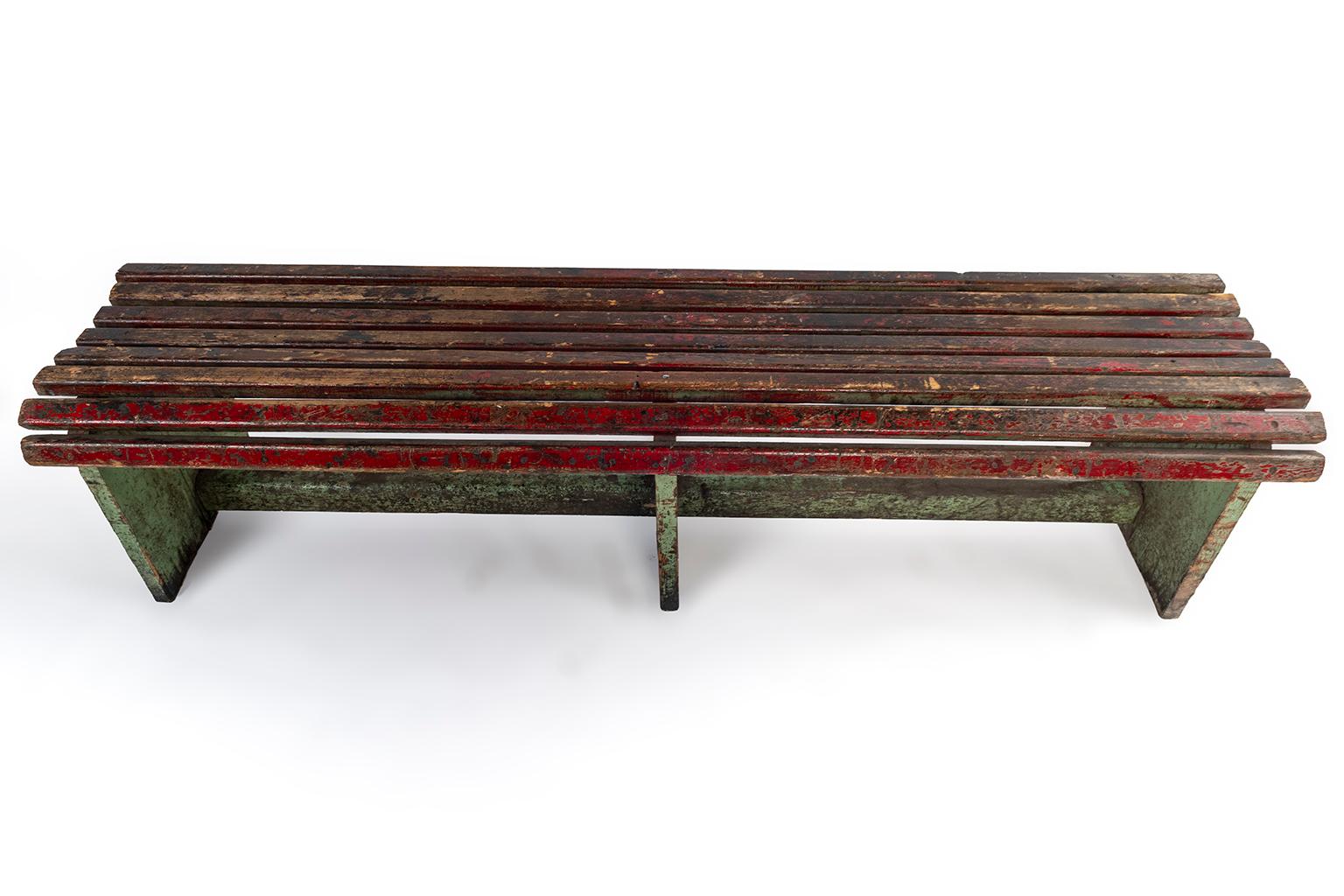 Wood Pair of Slatted Painted Long Benches Sold Individually For Sale