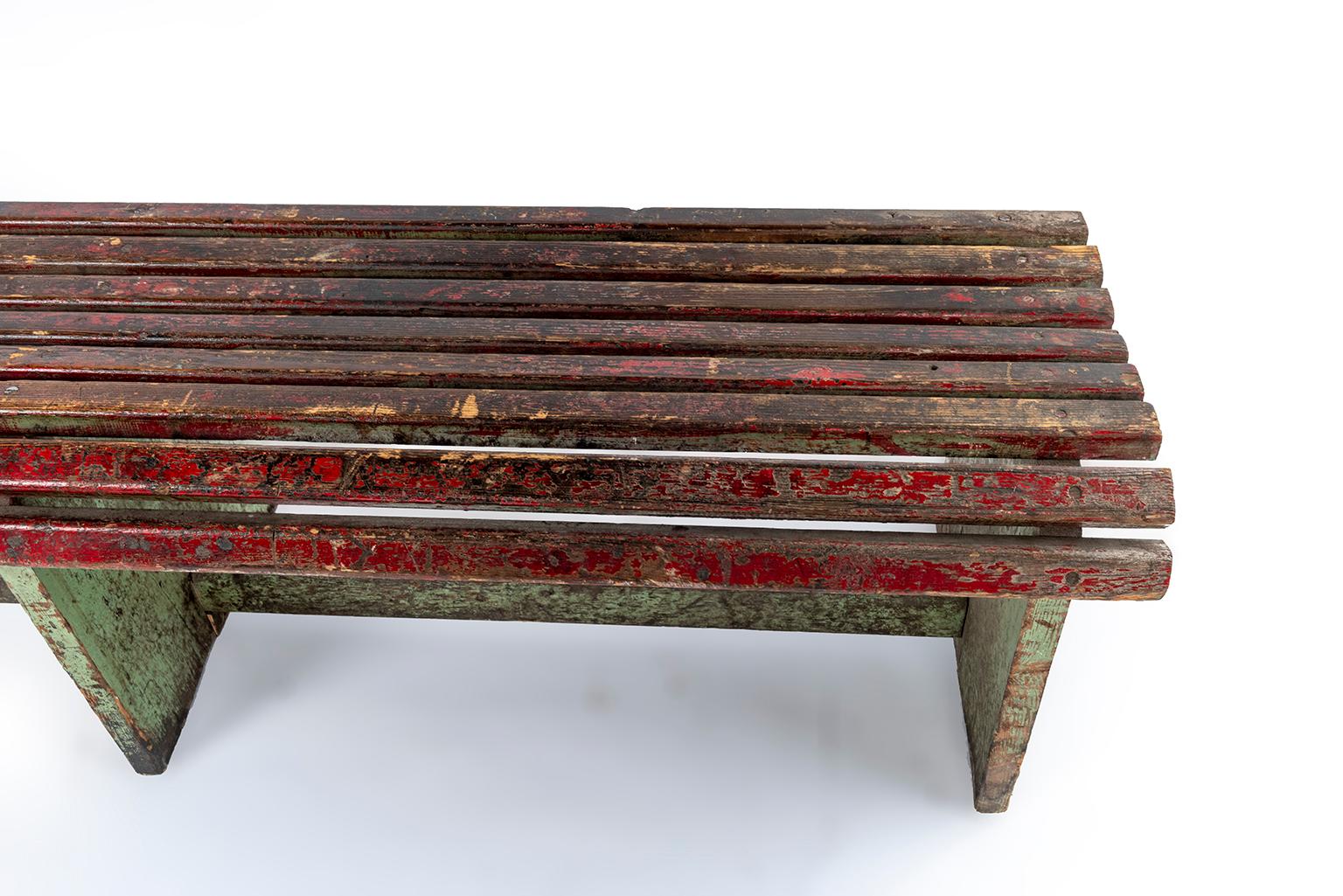 Pair of Slatted Painted Long Benches Sold Individually For Sale 1