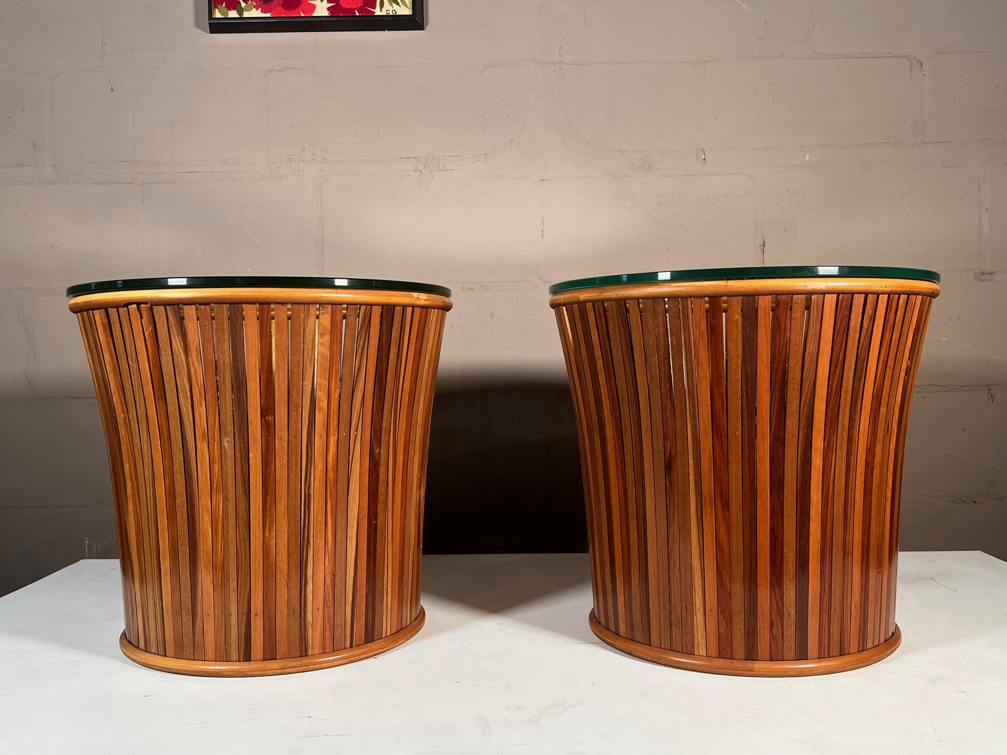 Pair of Slatted Side Tables with Glass Tops For Sale 3