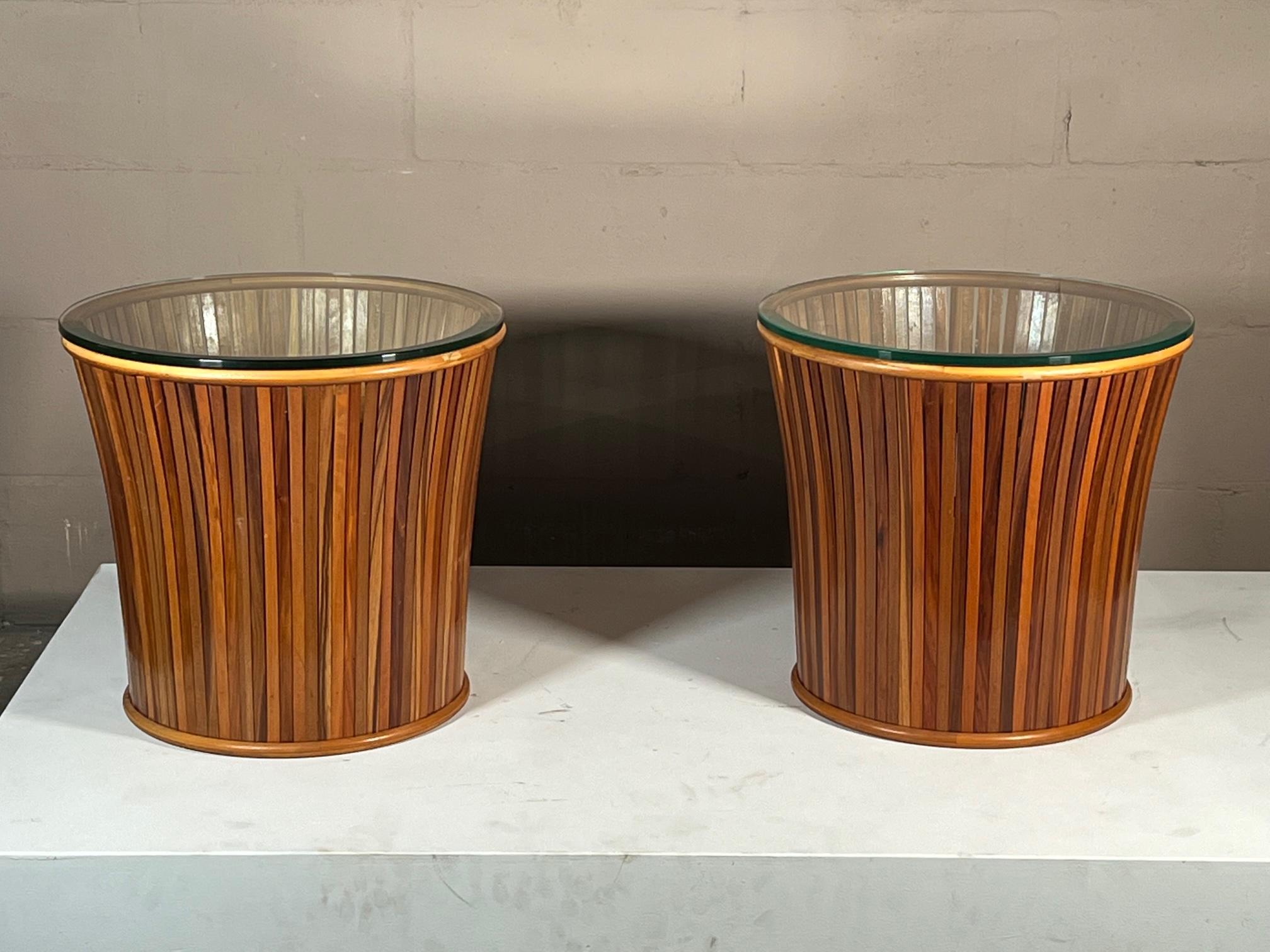 Mid-Century Modern Pair of Slatted Side Tables with Glass Tops For Sale