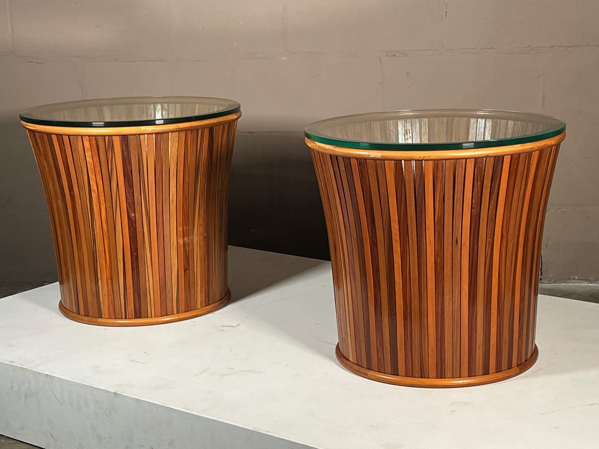 American Pair of Slatted Side Tables with Glass Tops For Sale