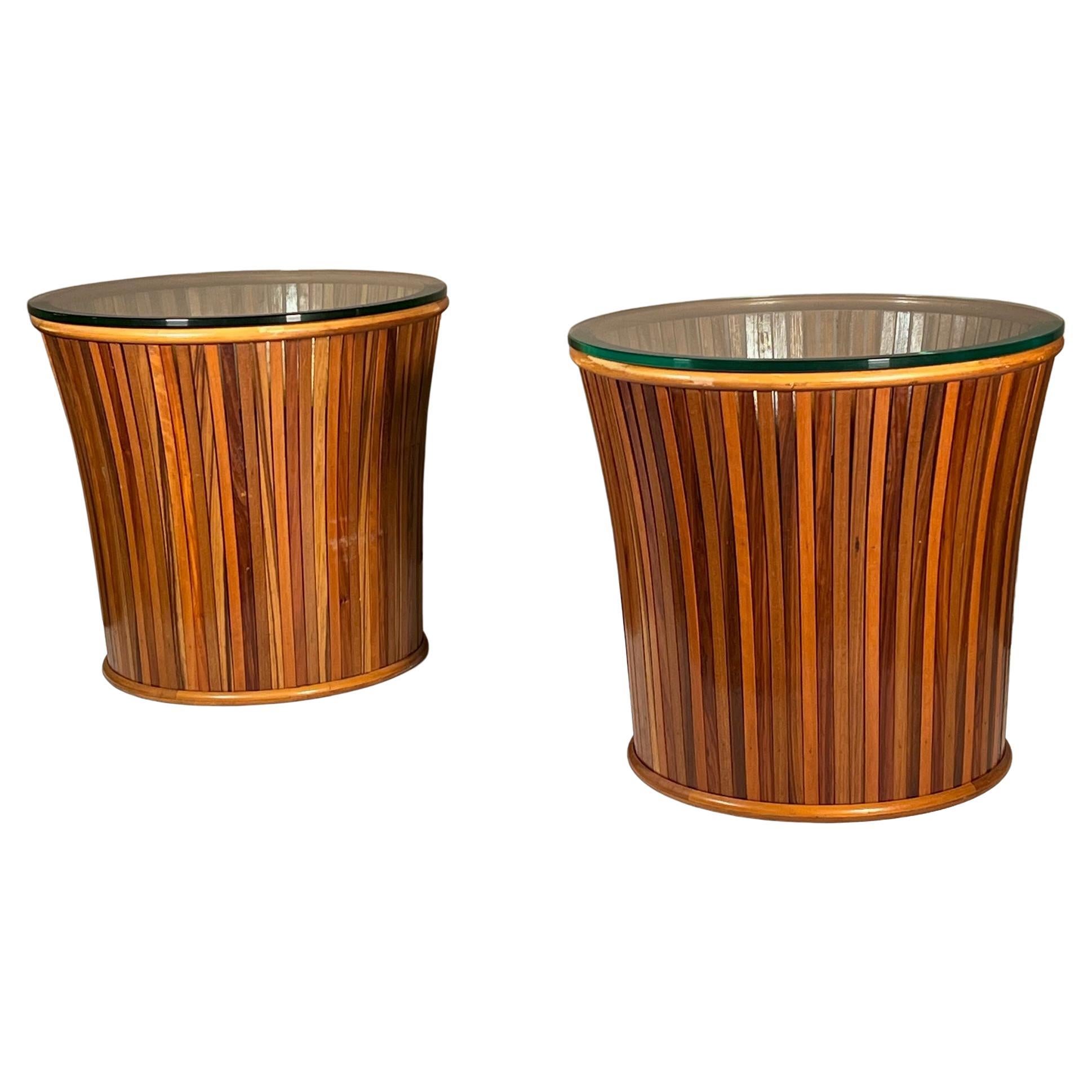 Pair of Slatted Side Tables with Glass Tops