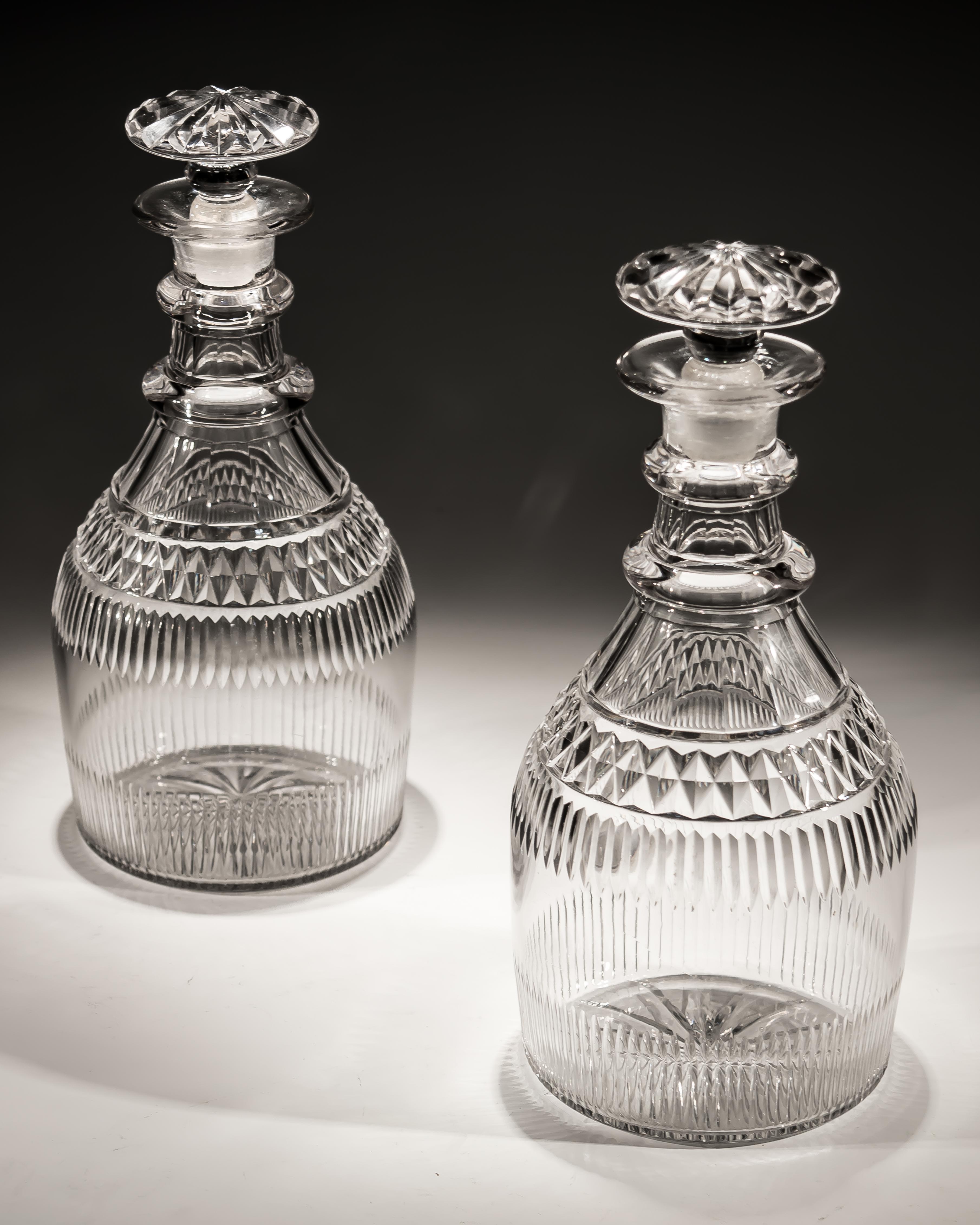 British Pair of Slice Cut Regency Decanters with Diamond Cut Band For Sale