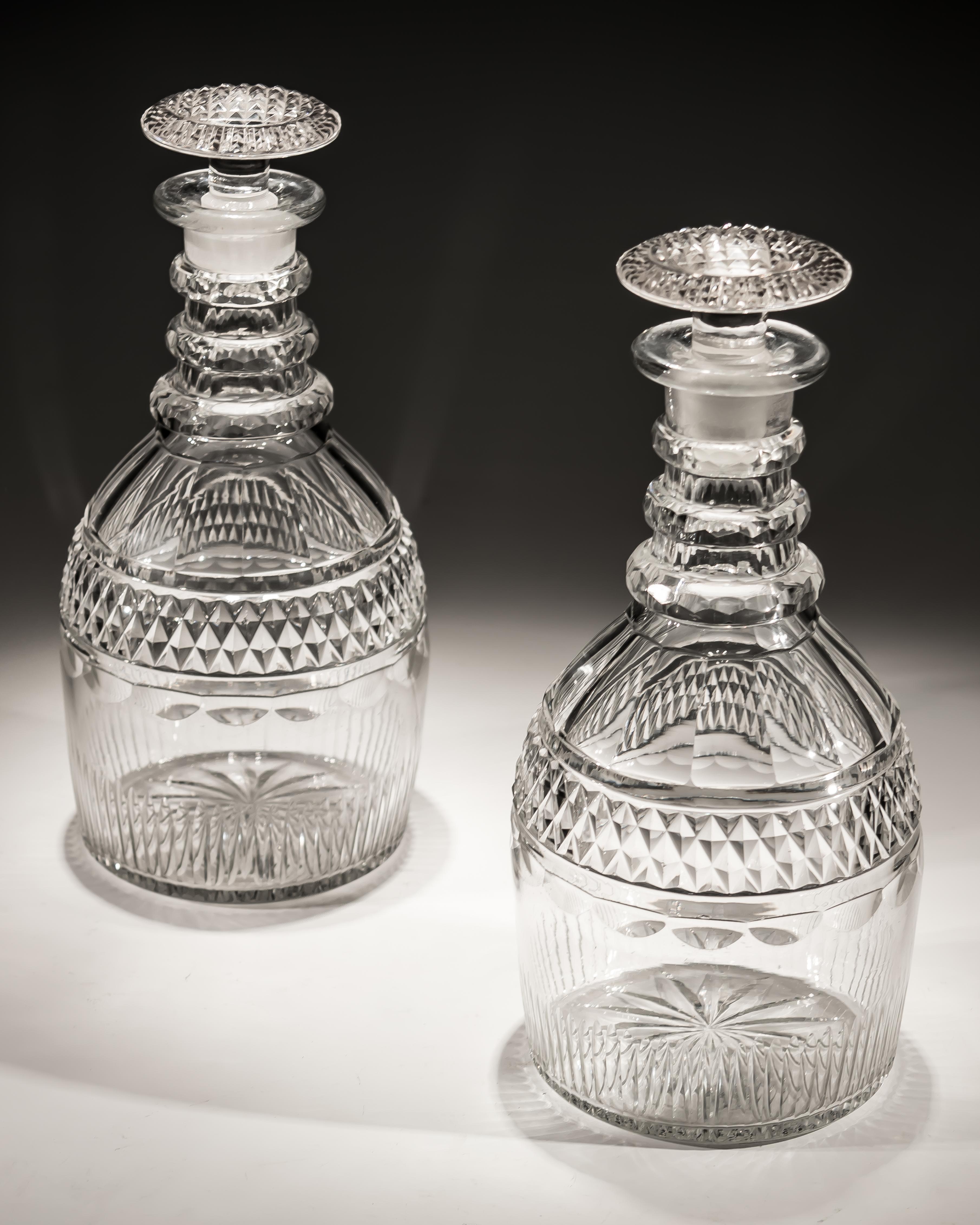 British Pair of Slice and Flute Cut Georgian Decanters with Diamond Band For Sale